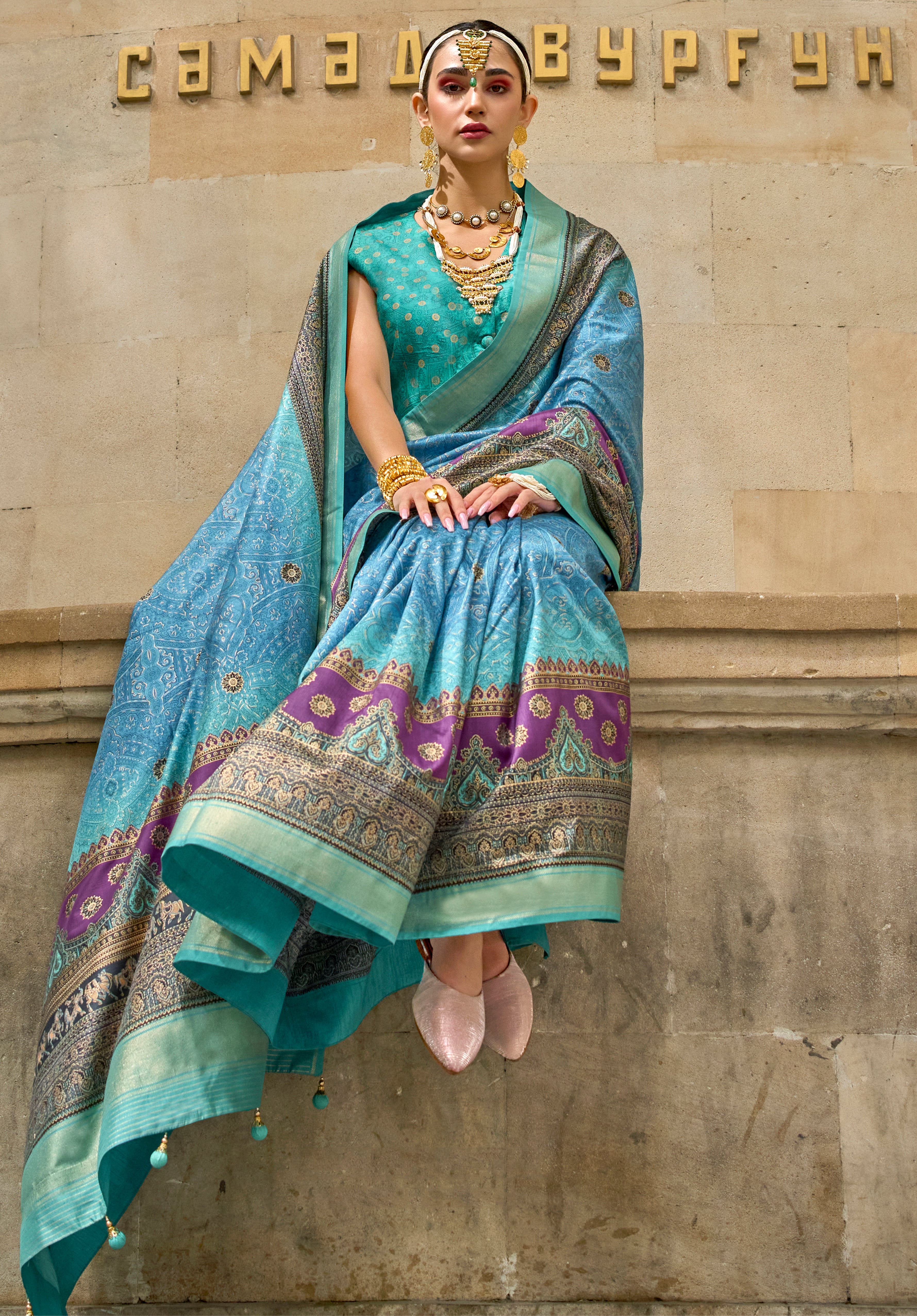 Sky Blue Silk Saree With Foil Print