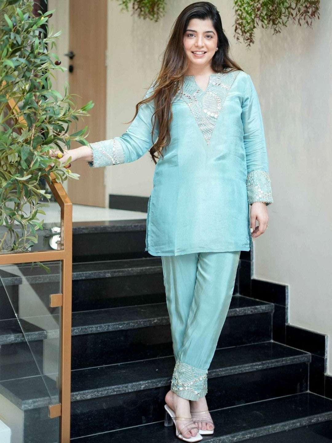 Sky Blue Simmer Silk Kurta With Palazzo Set With Heavy Thread Embroidery, Mirror With Sequins Work