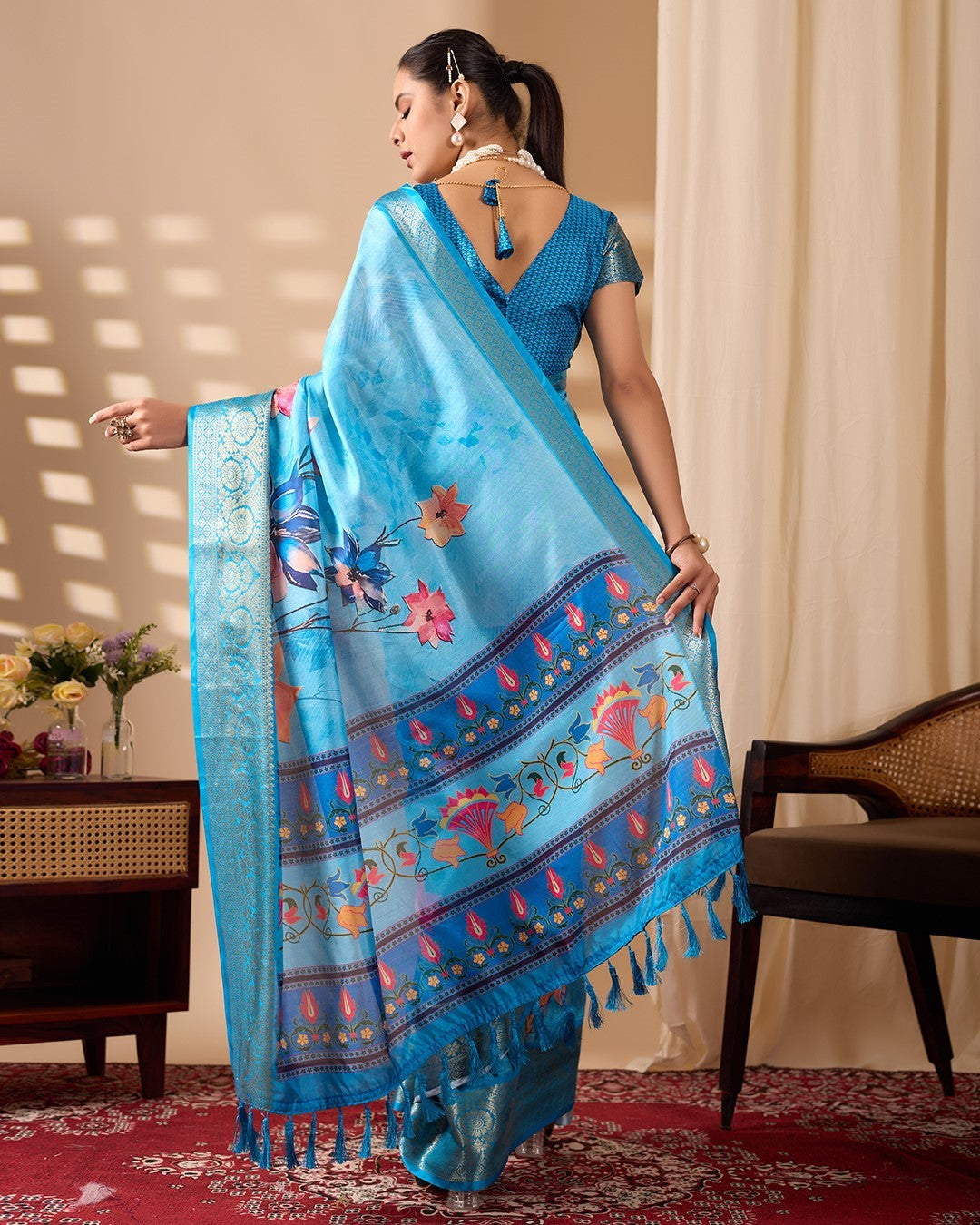 Sky Blue Soft Lichi Silk Saree With Digital Printed Elegant Designer Saree
