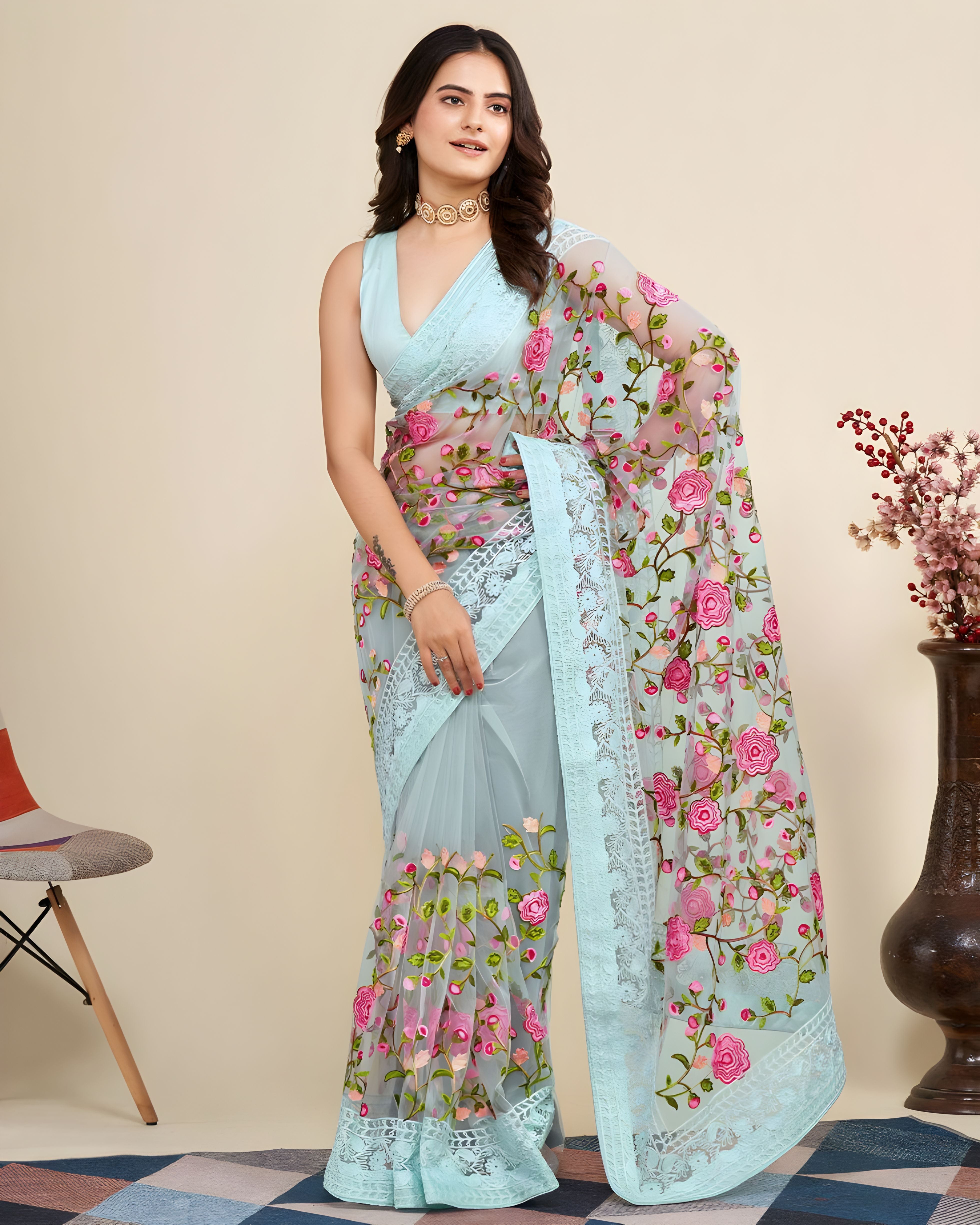 Sky Blue Soft Net Saree with C Pallu Chikankari Embroidery Work