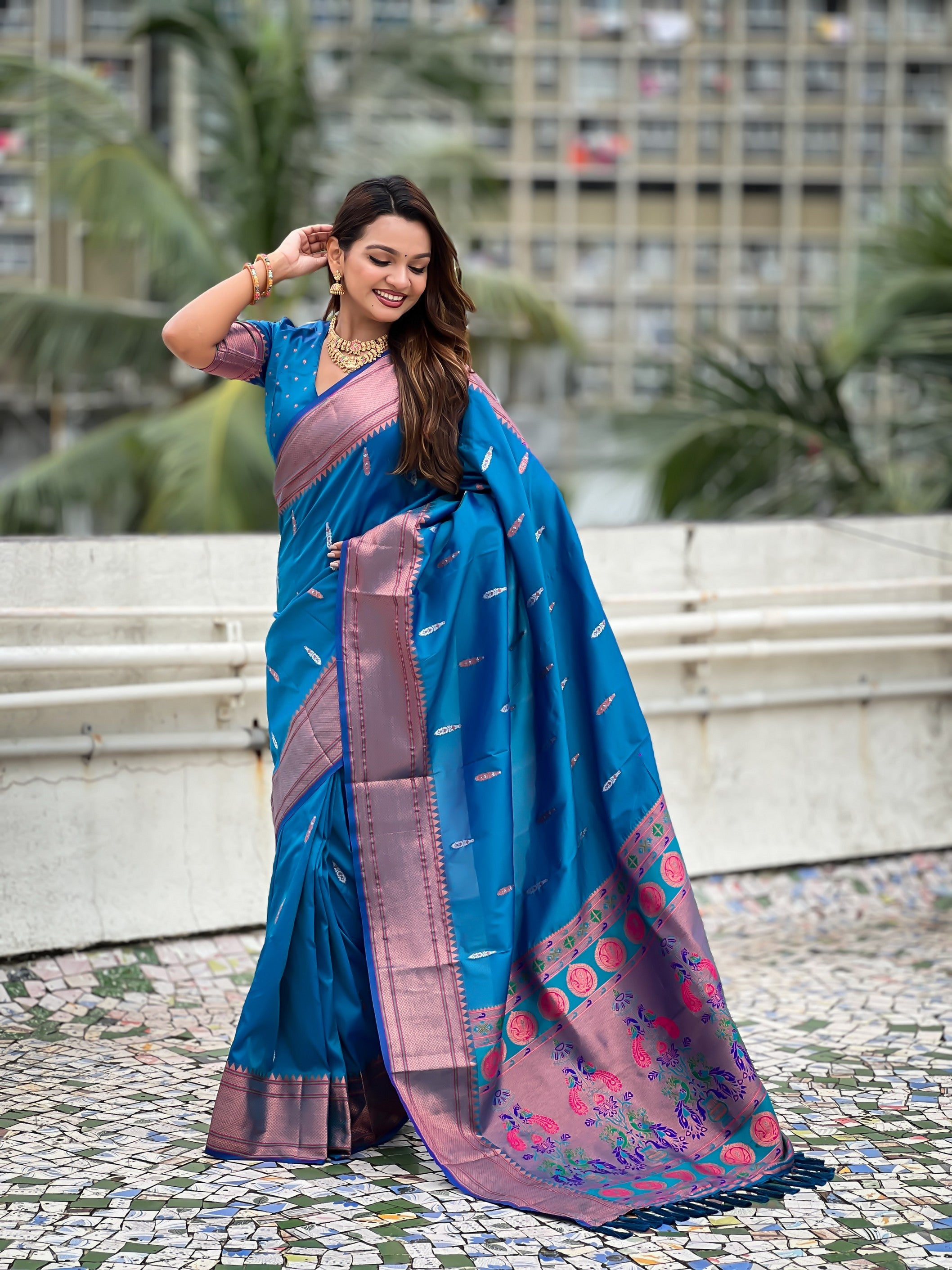 Sky Blue Soft Silk Woven Meenakari Designer Rich Looks Saree