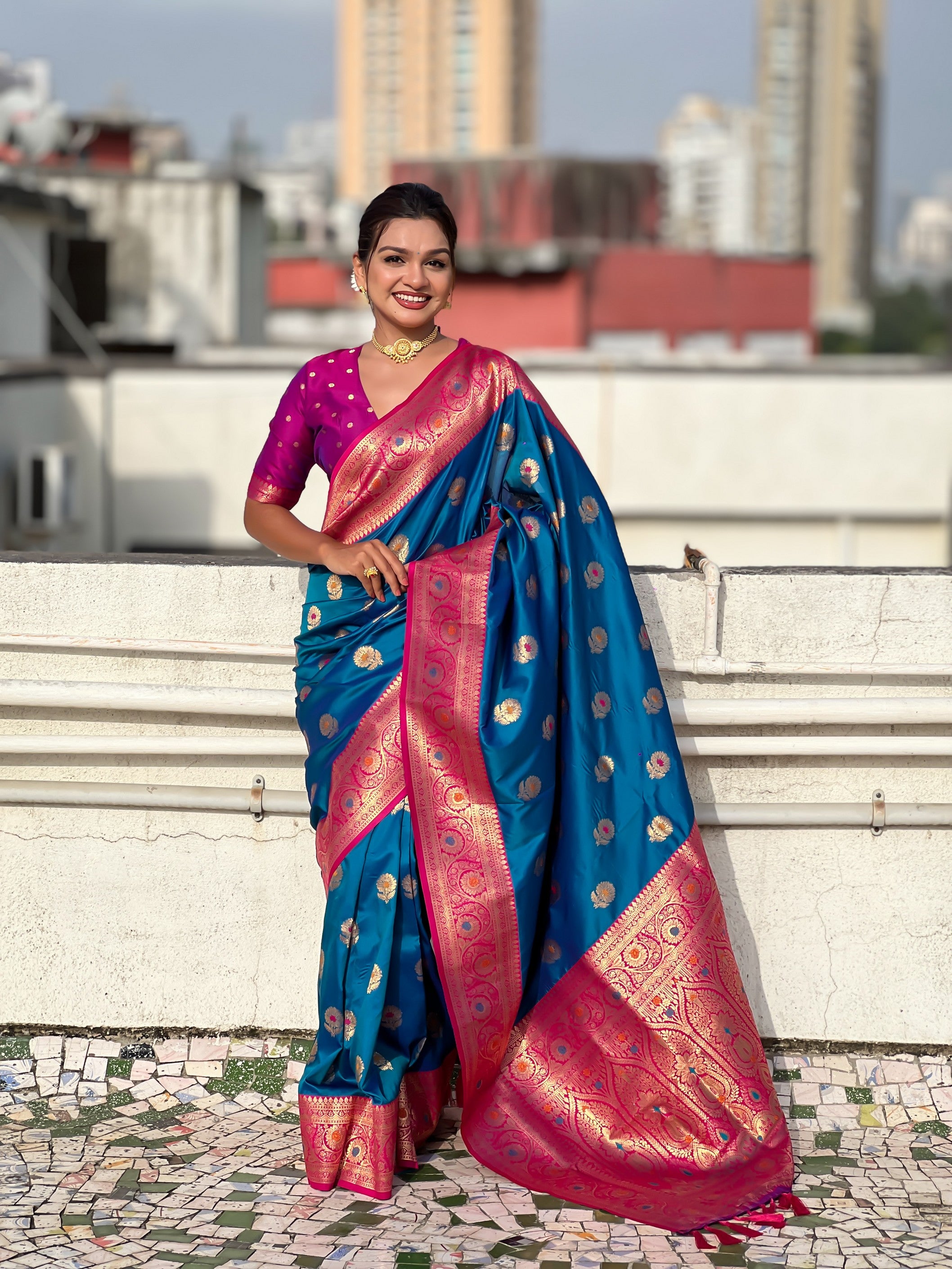 Sky Blue Soft Silk Woven Meenakari Designer Trending Partywear Saree