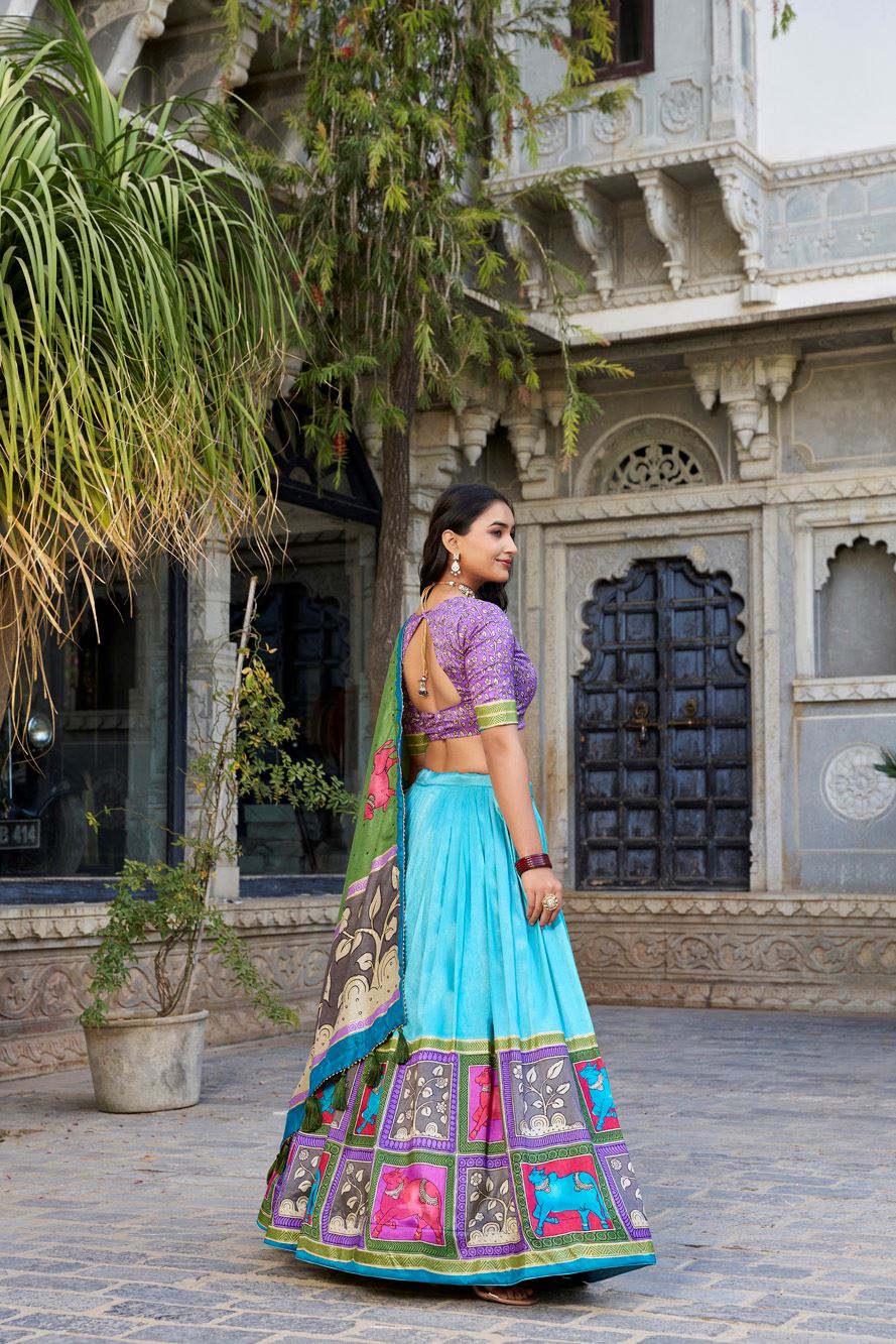 Sky Blue Tussar Silk Lehenga with Kalamkari Print and Elegant Foil Work Accents