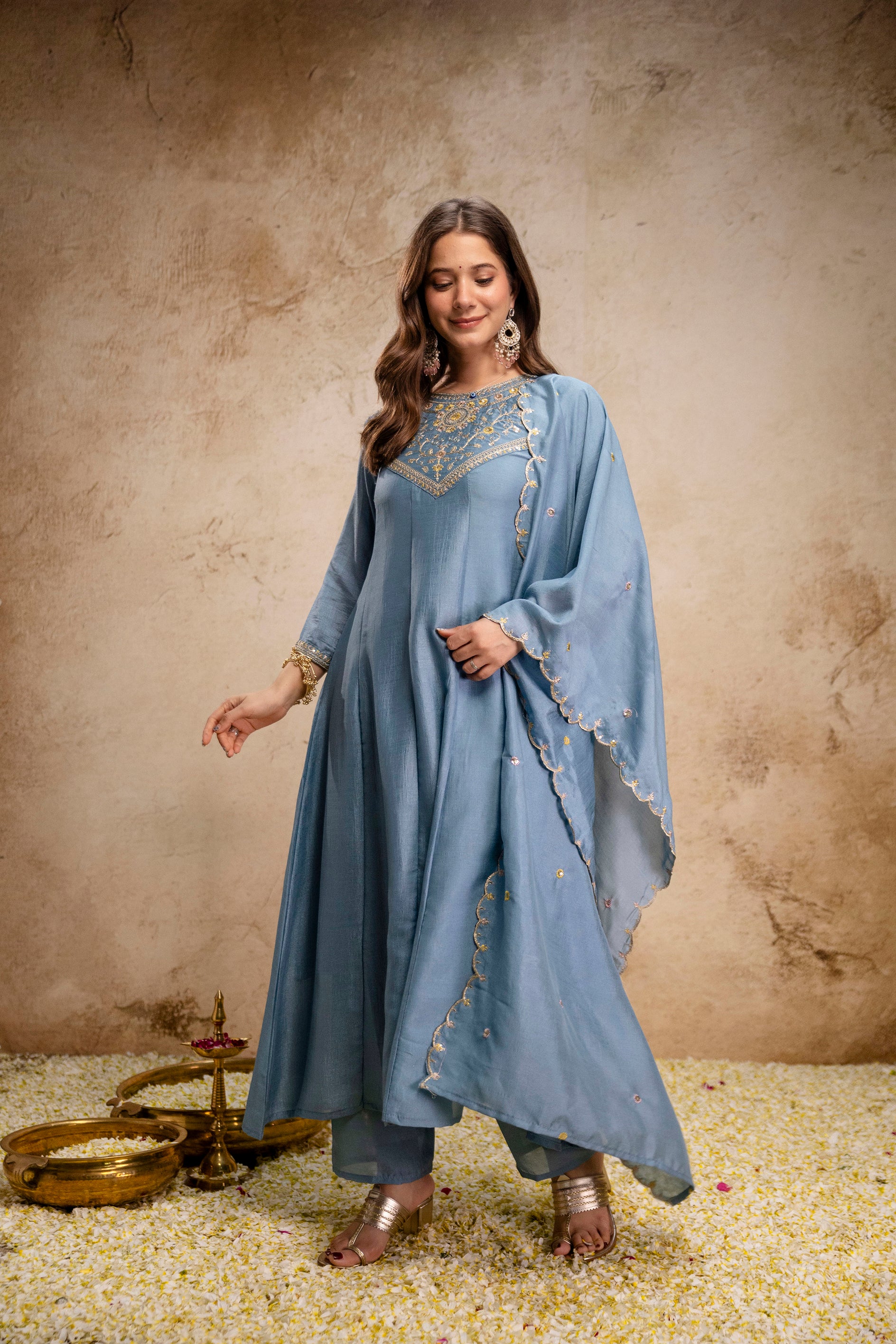 Sky Blue Vichitra Silk Kurta Pant Set With Heavy Thread Embroidery Work