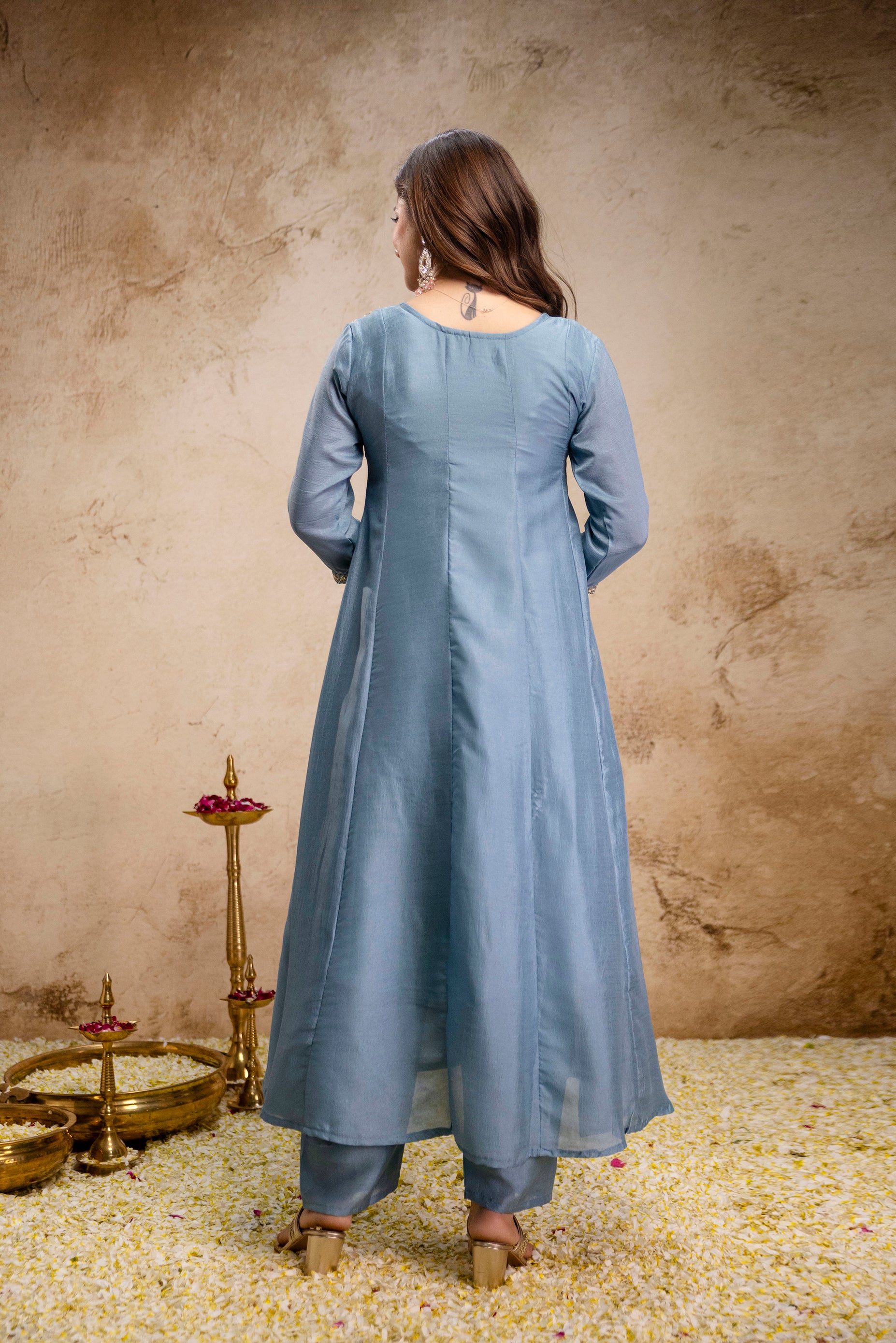 Sky Blue Vichitra Silk Kurta Pant Set With Heavy Thread Embroidery Work