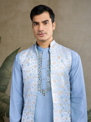 Sky Blue Viscose Silk Ceremonial Kurta with Jacket
