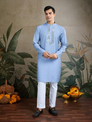 Sky Blue Viscose Silk Ceremonial Kurta with Jacket