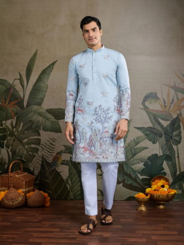 Sky Blue Viscose Silk Sequins Embroidery Ethnic Partywear Kurta