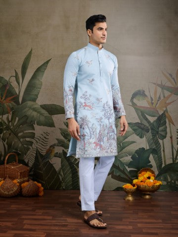 Sky Blue Viscose Silk Sequins Embroidery Ethnic Partywear Kurta
