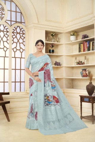 Sky Blue Woven Jacquard Designer With Printed Rich Silk Stylish Ceremonial Saree
