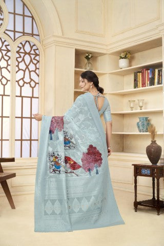 Sky Blue Woven Jacquard Designer With Printed Rich Silk Stylish Ceremonial Saree