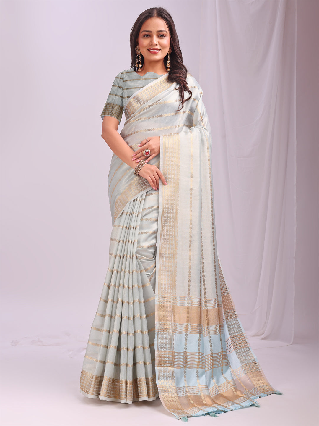 Sky Blue Woven Zari Designer Ethnic Organza Saree