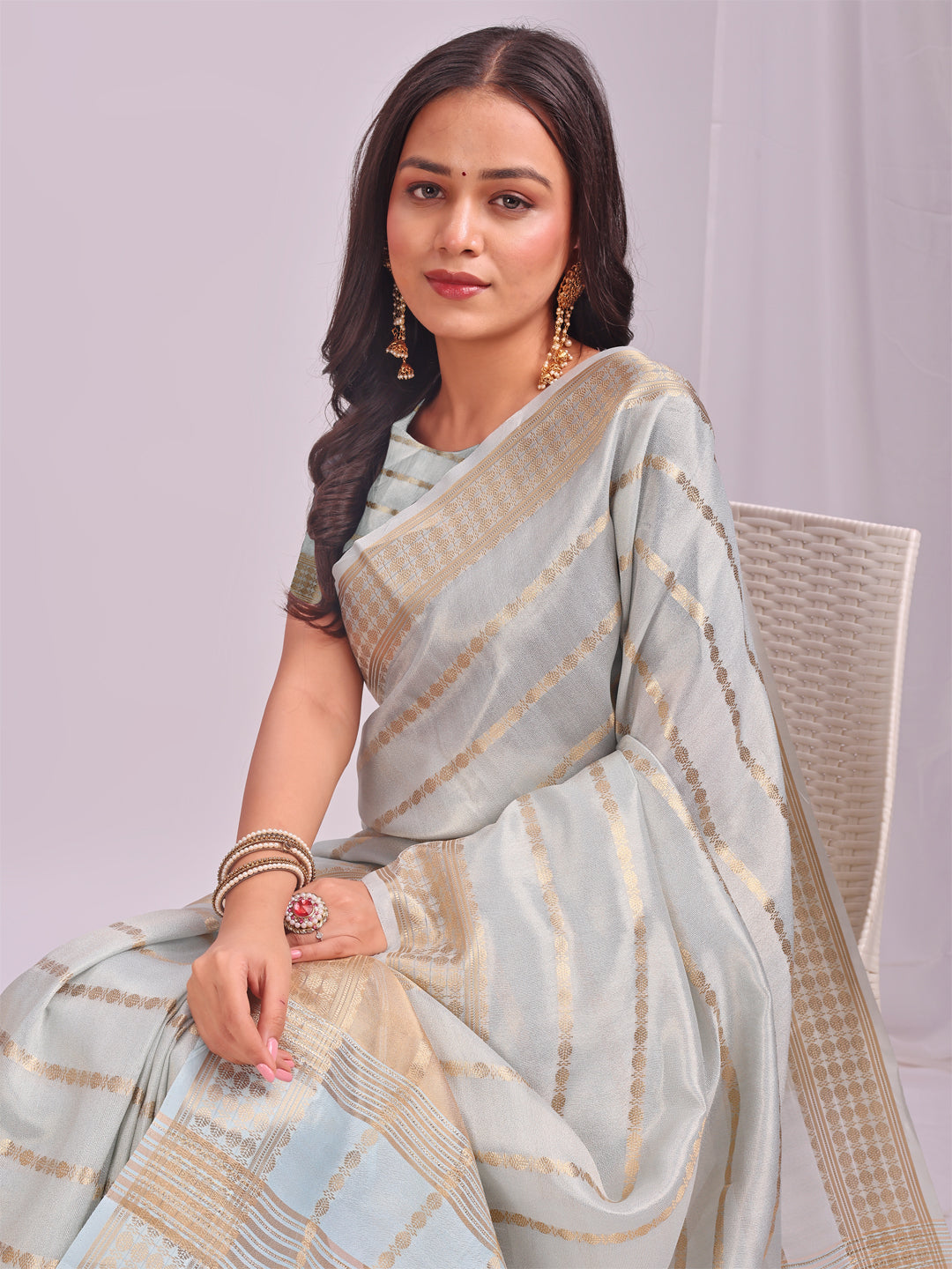 Sky Blue Woven Zari Designer Ethnic Organza Saree