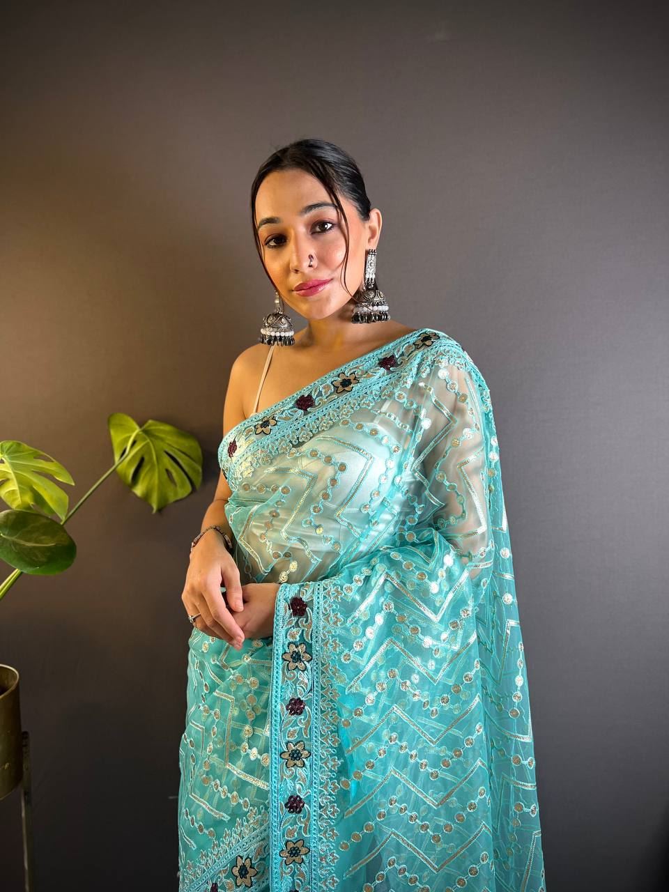 Sky Colour Butterfly Net Embrodiery Work Saree