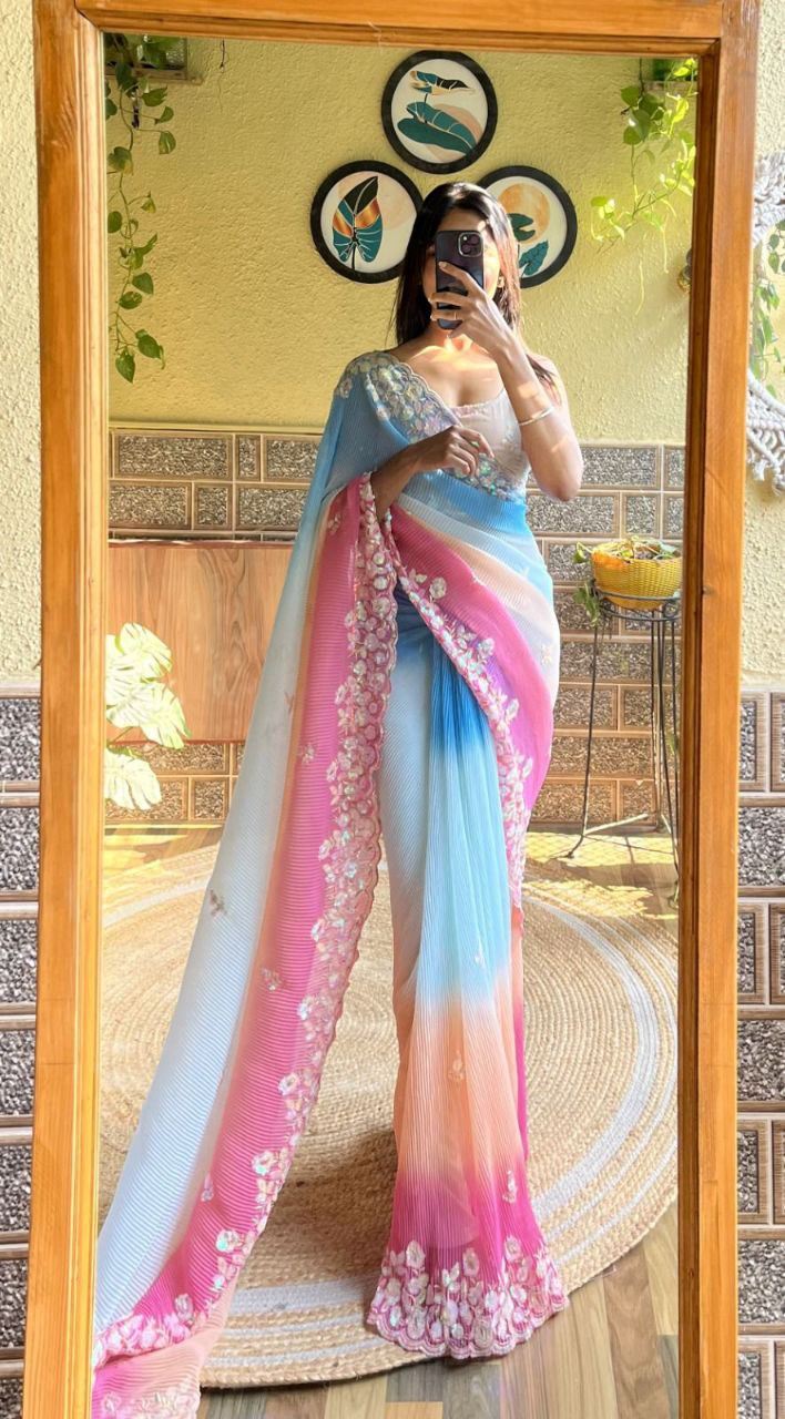 Sky Colour Georgette Embroidery Crush Work Saree