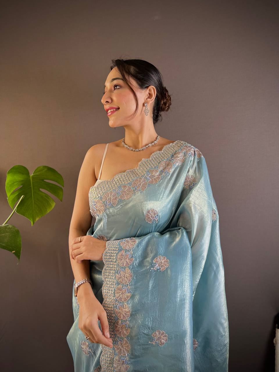 Sky Colour Gold Crush Embroidery Work Saree