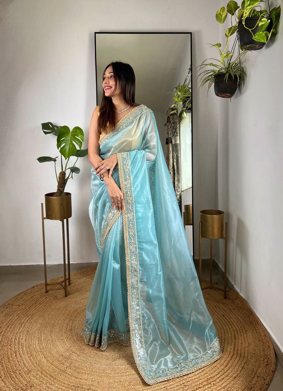 Sky Colour Silver Tissue Silk Embroidery And Mirror Work Saree