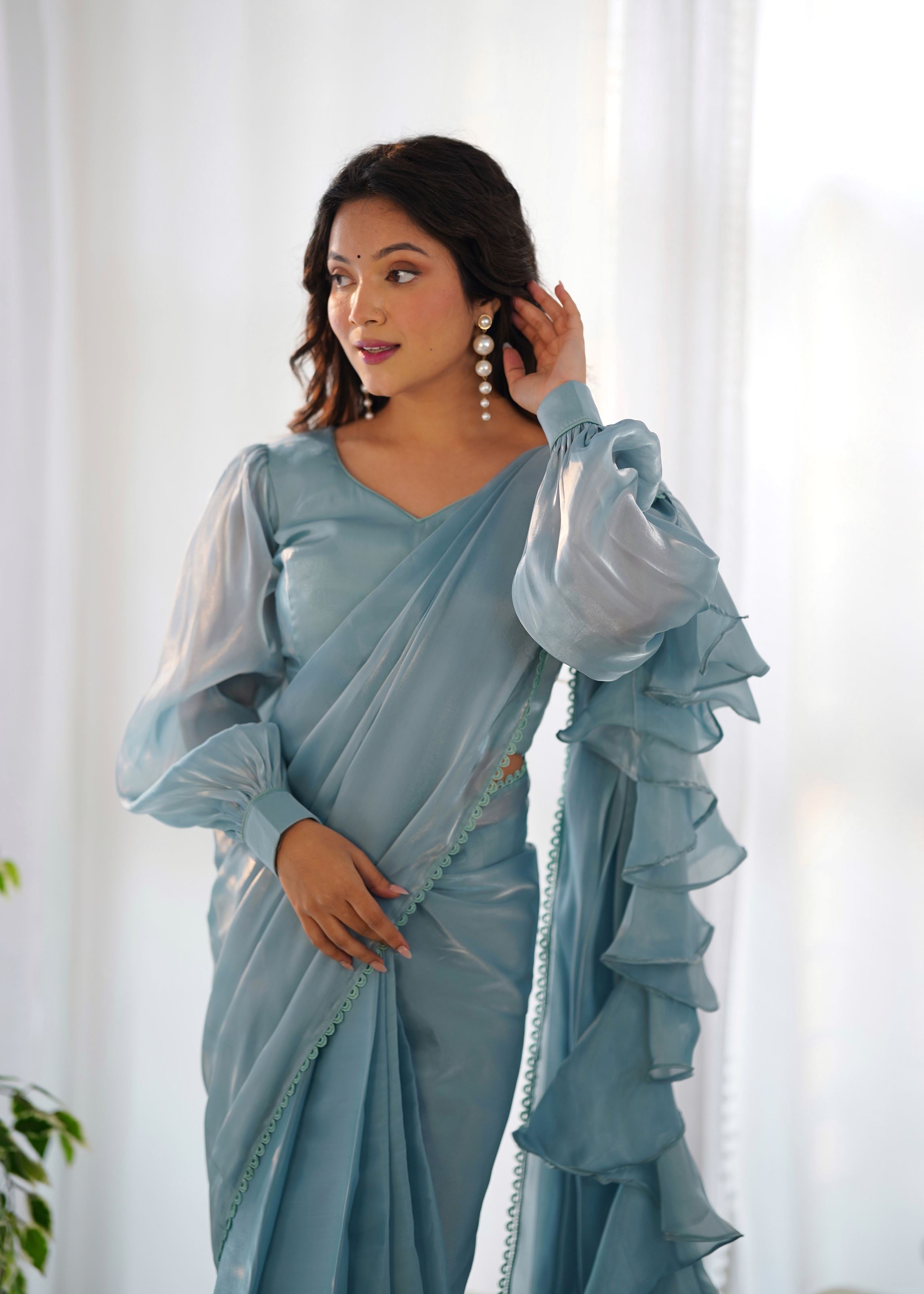 Sky Colour Zimichhu Silk Fully Stitched Ready To Wear Saree