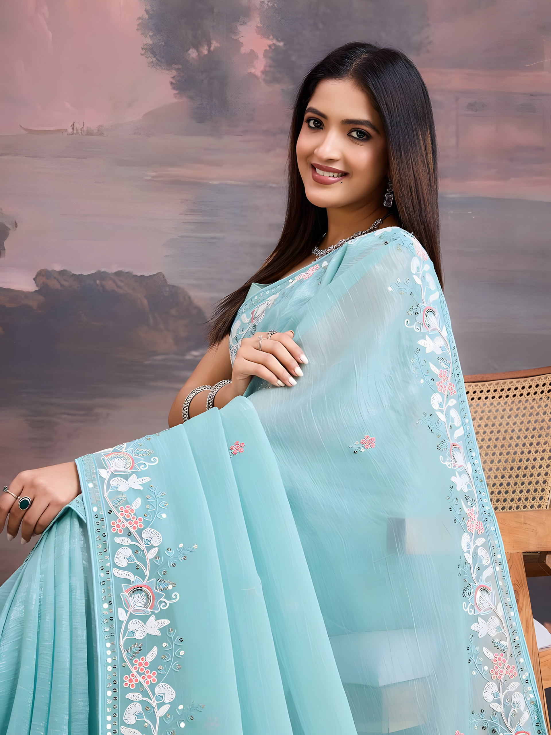 Sky Curnchy Soft Organza Saree with C Pallu Embroidery work border