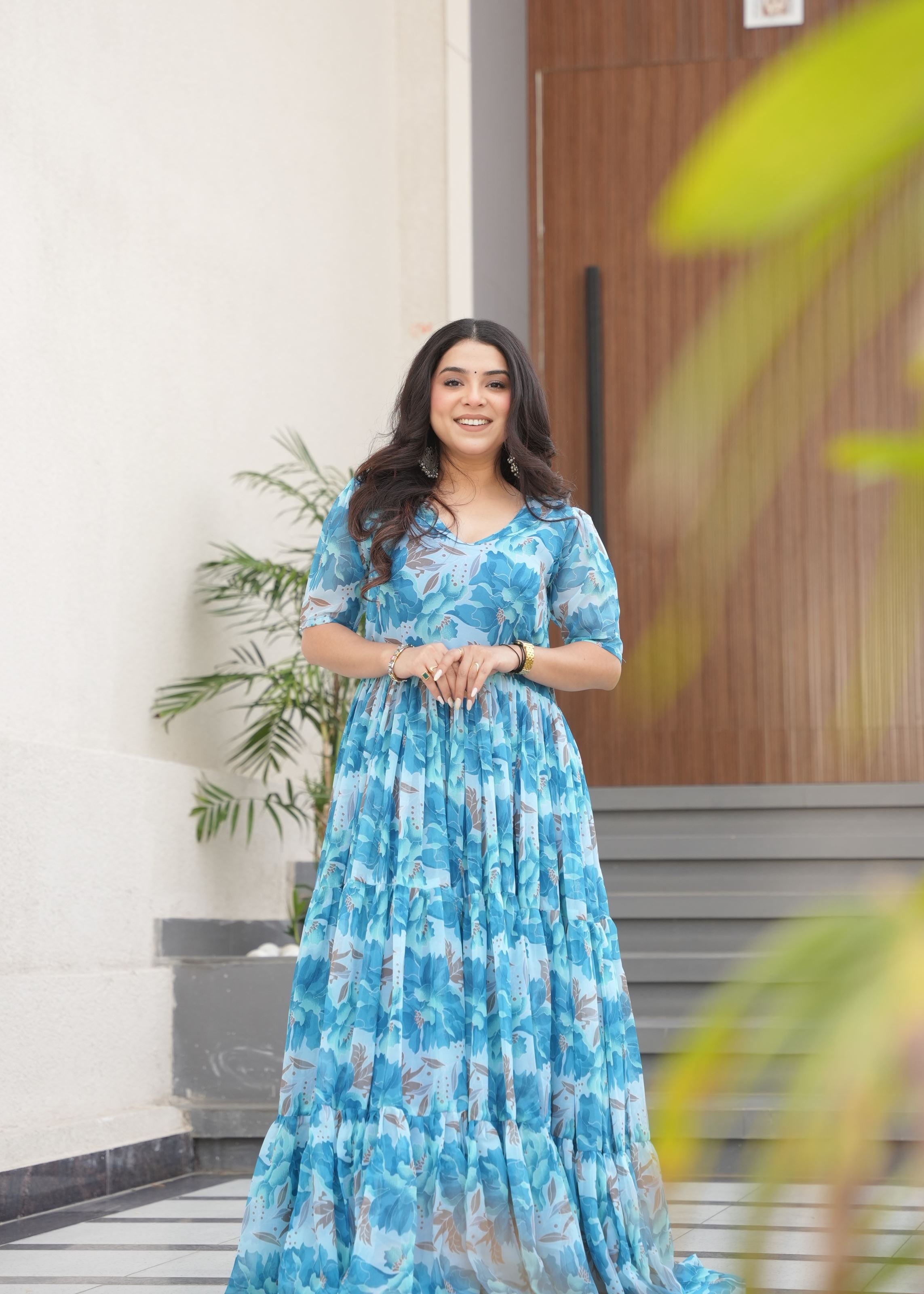 Sky Faux Georgette Gown With Printed