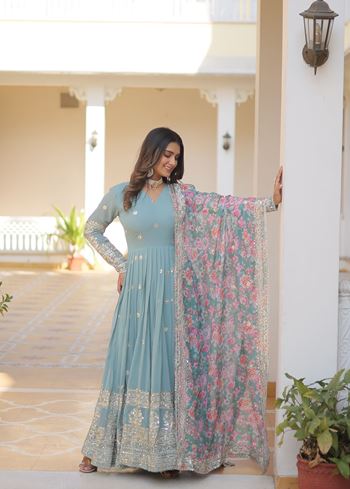 Sky Faux Georgette Suit With Embroidery Zari Sequins-work