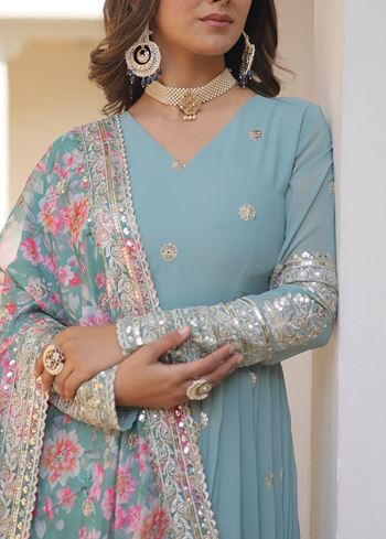 Sky Faux Georgette Suit With Embroidery Zari Sequins-work