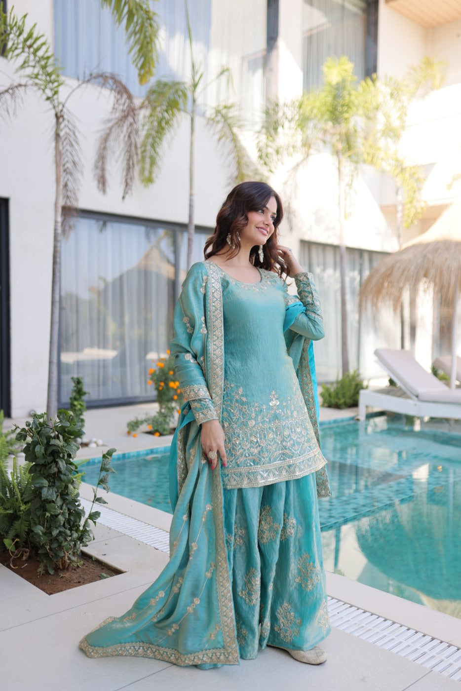 Sky Fendi Crush Designer Suit Set With Zari & Sequin Embroidery