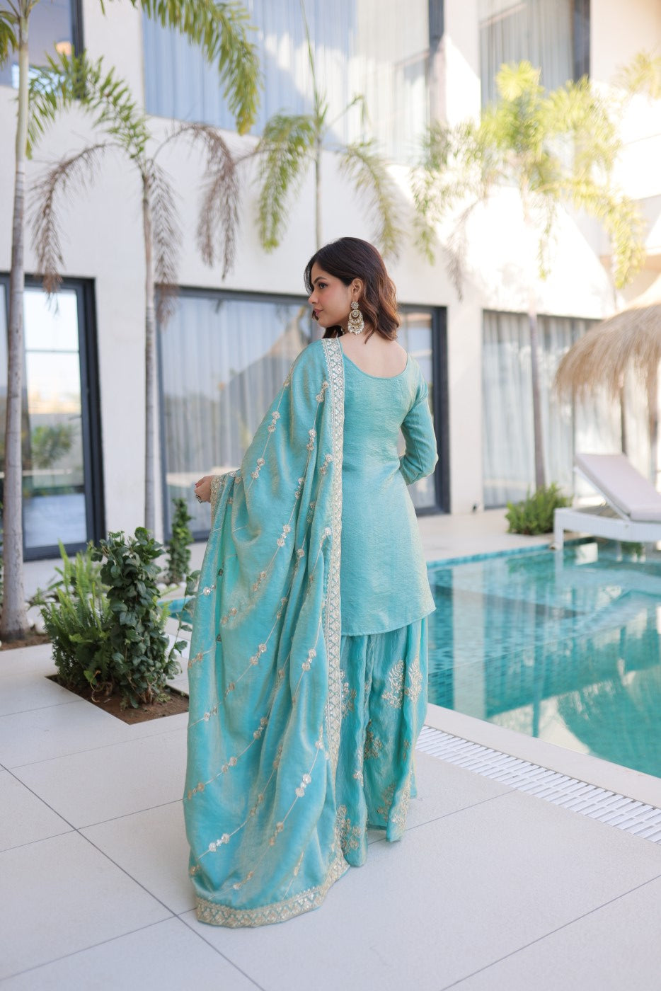 Sky Fendi Crush Designer Suit Set With Zari & Sequin Embroidery