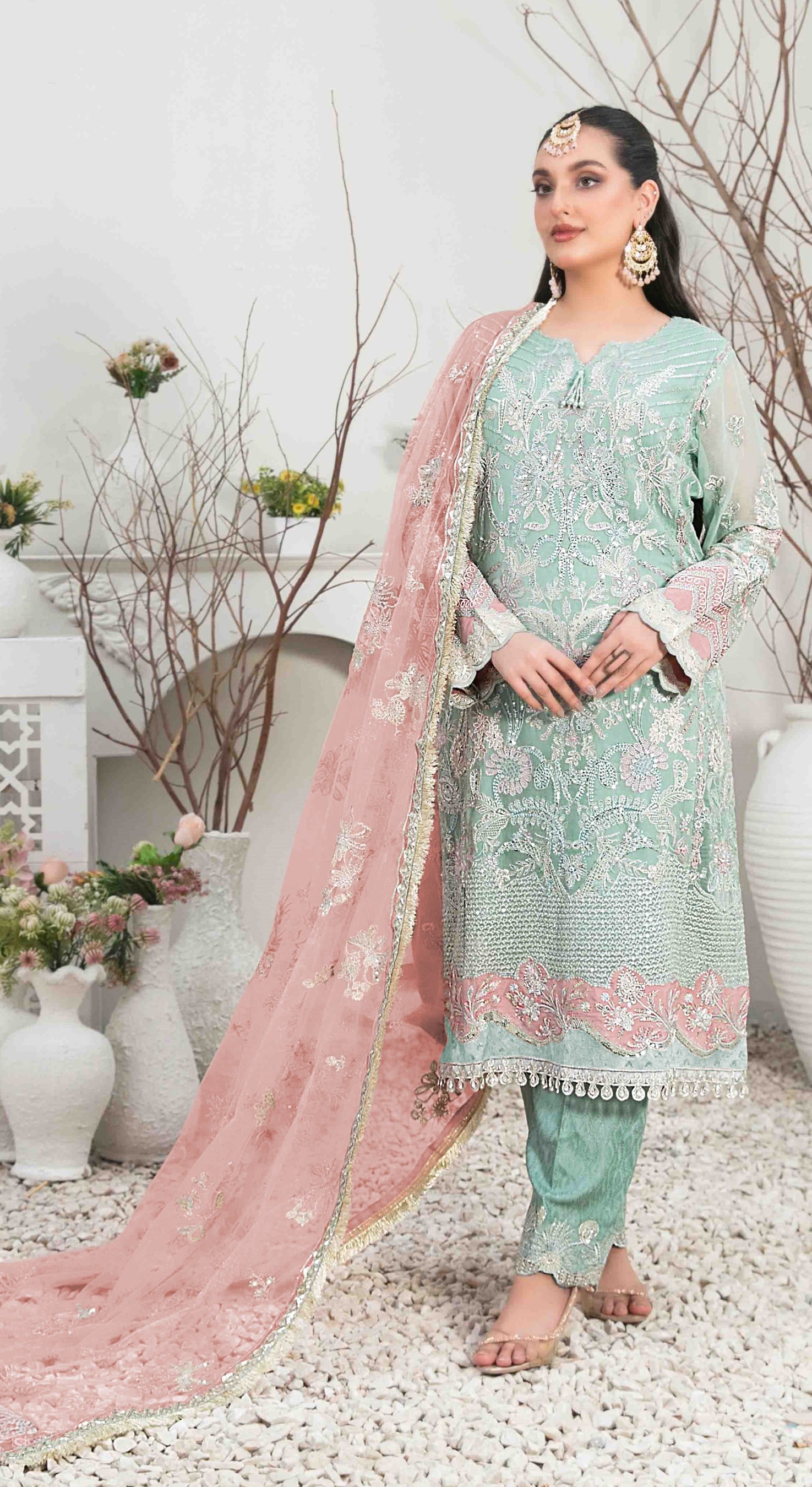 Sky Pakistani Salwar Suit With Heavy Embroidery Work