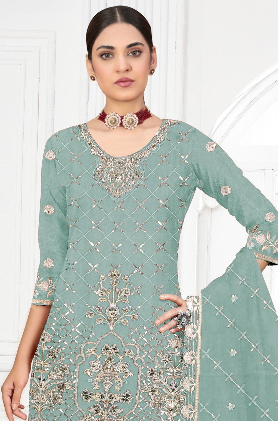 Sky Pakistani Salwar Suit With Heavy Embroidery Work