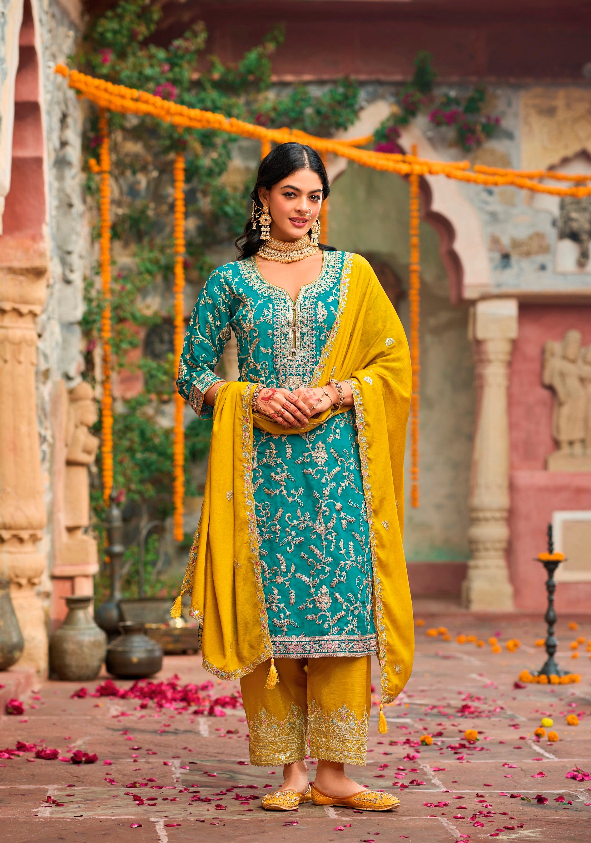 Sky Pakistani Salwar Suit With Heavy Embroidery Work