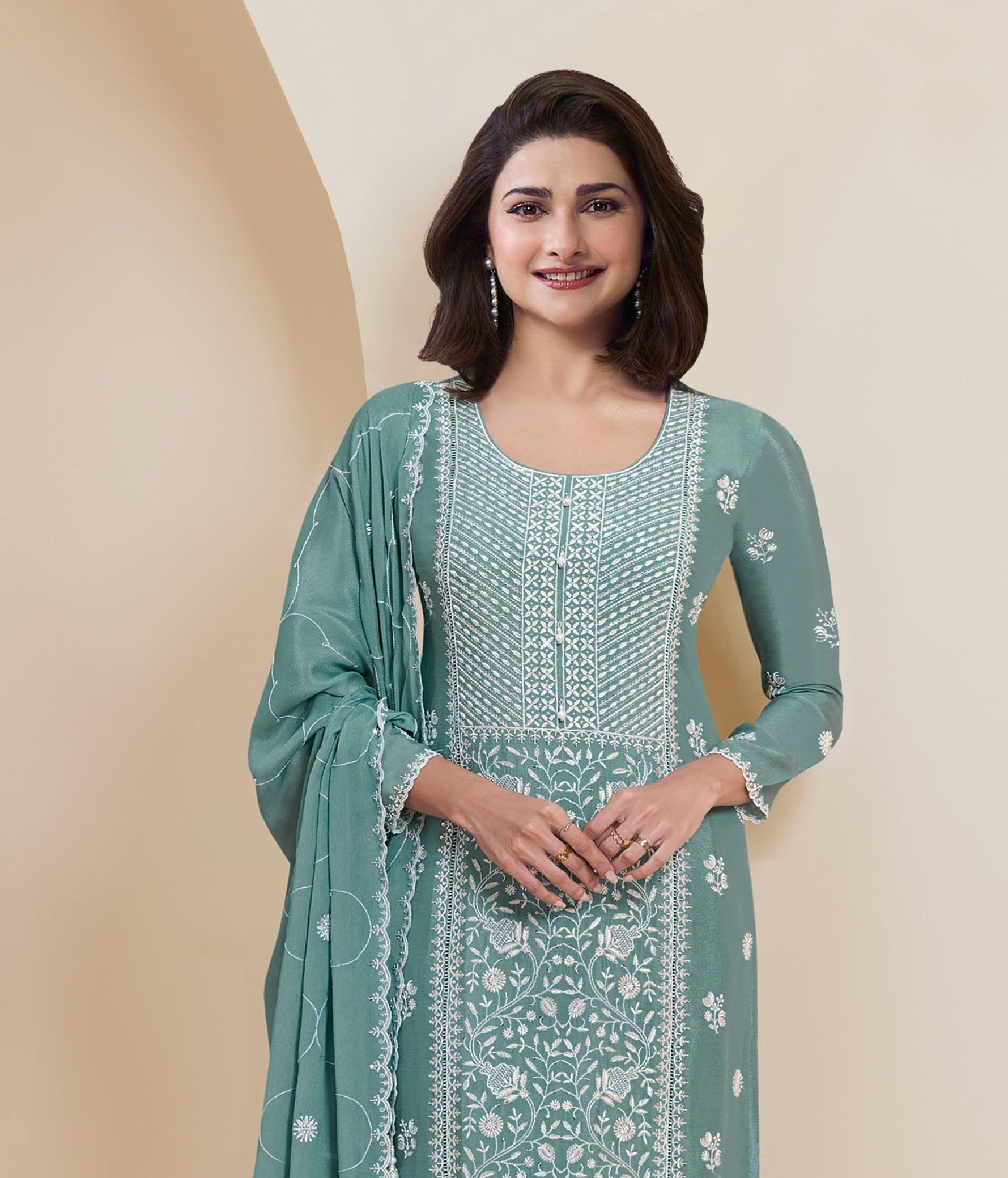 Sky Pakistani Salwar Suit With Heavy Embroidery Work