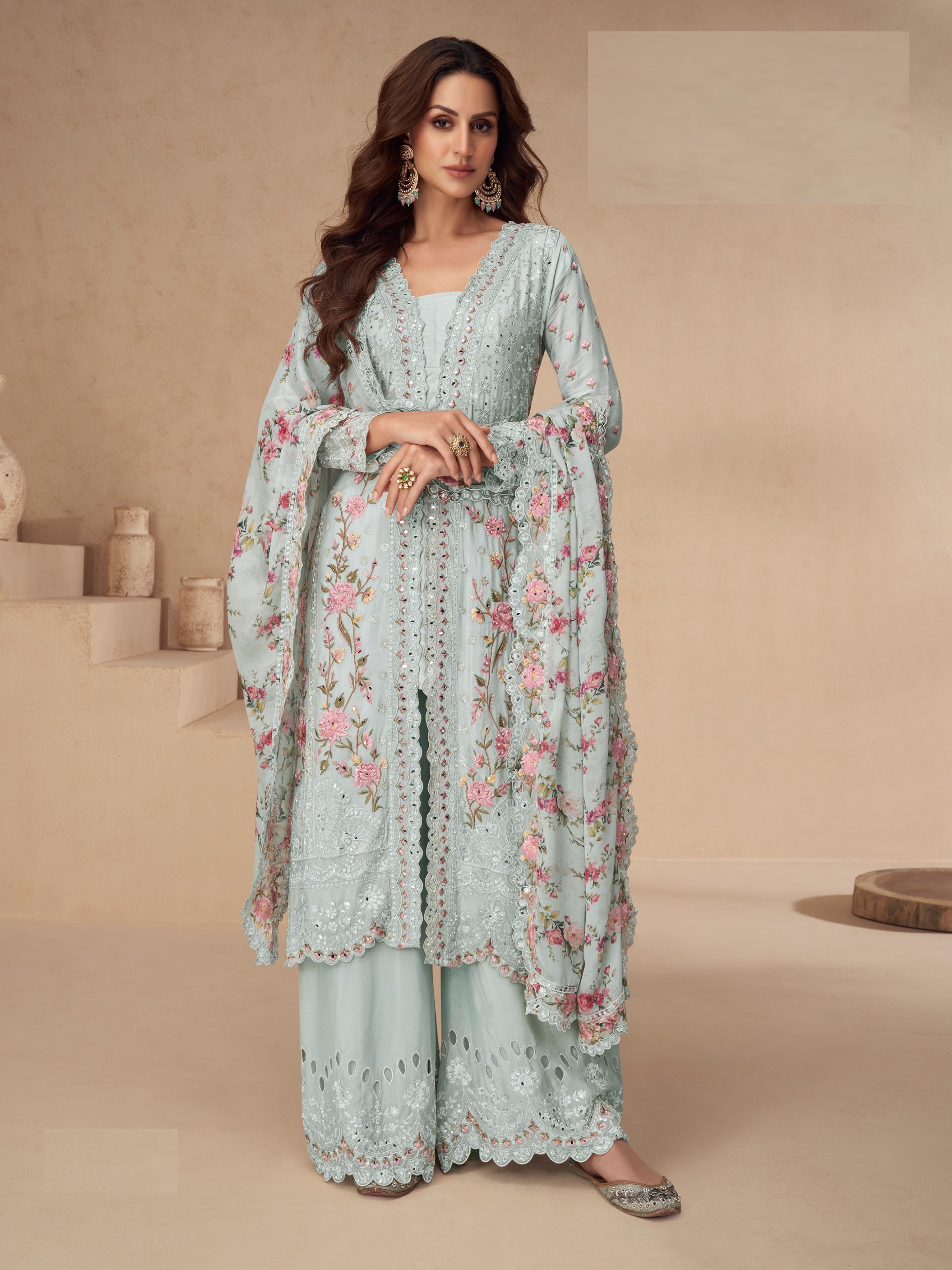 Sky Palazzo Style Salwar Suit With Heavy Embroidery Work