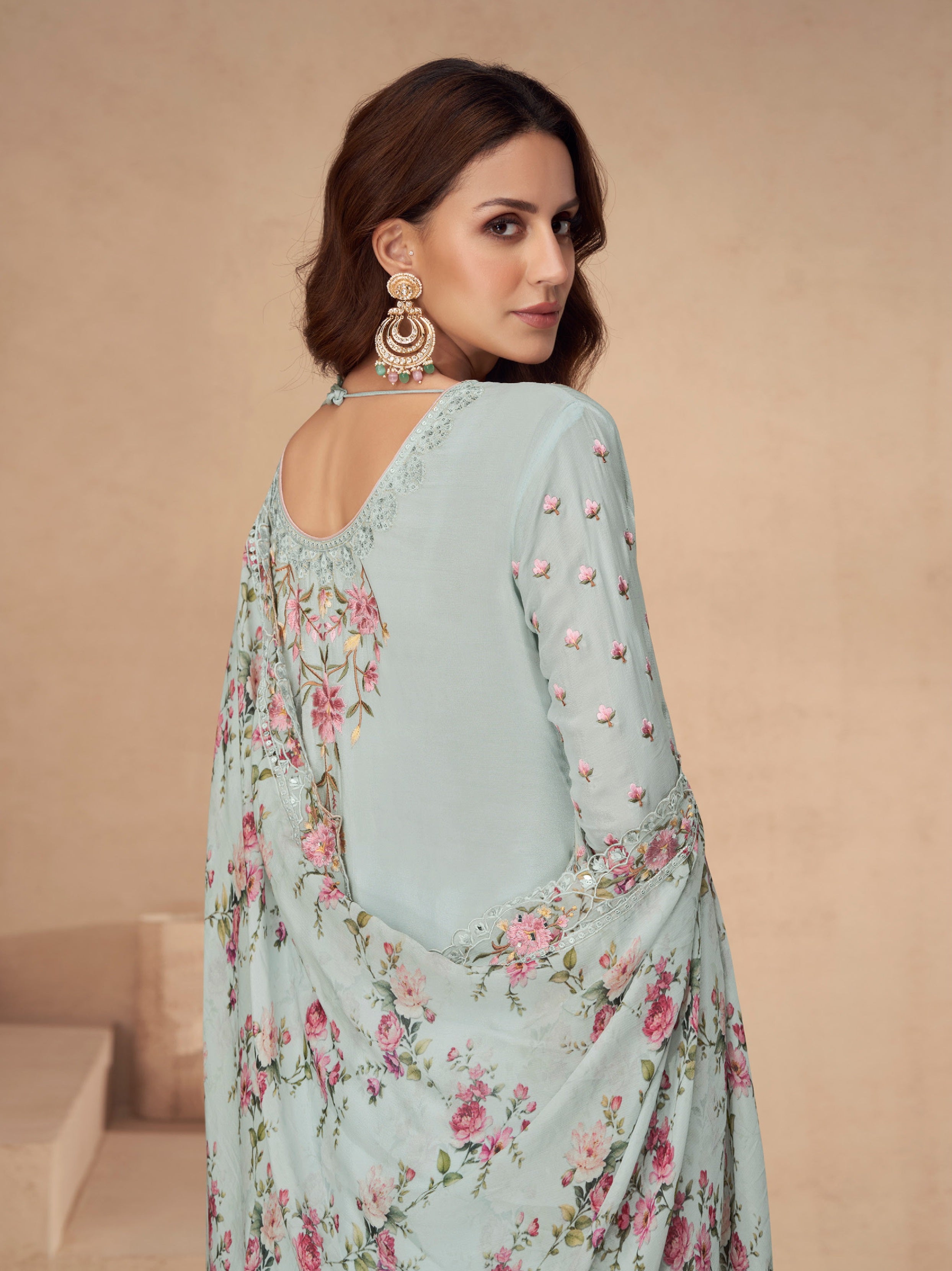 Sky Palazzo Style Salwar Suit With Heavy Embroidery Work