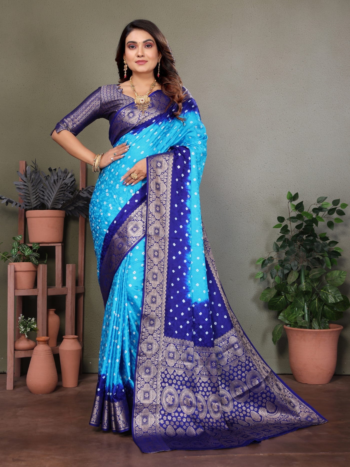 Sky Satin Silk Saree With Elegant Bandhej Zari Weaving