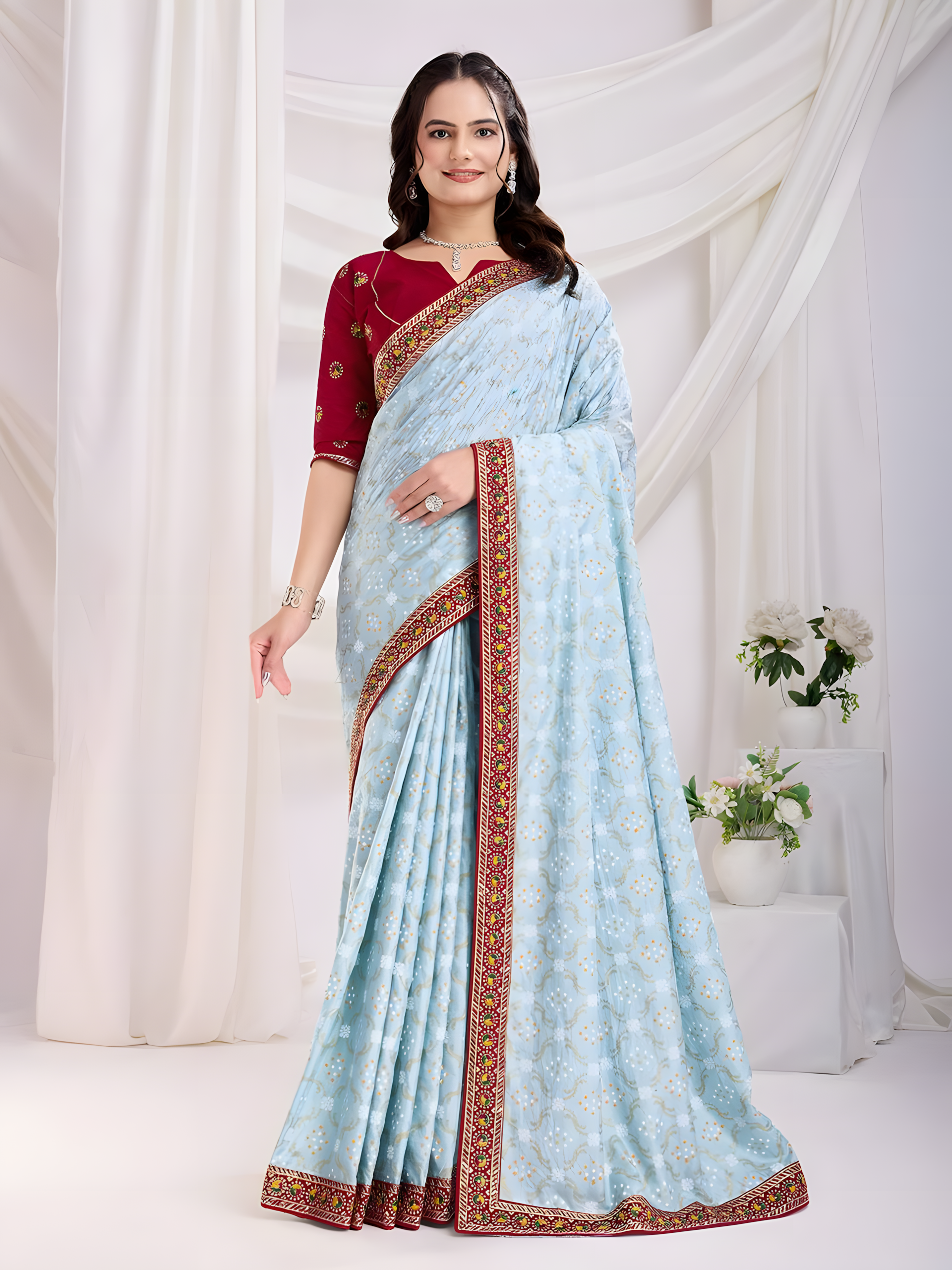 Sky Vichitra silk Saree with Golden Foil bandhani print with embroidery work lace Work
