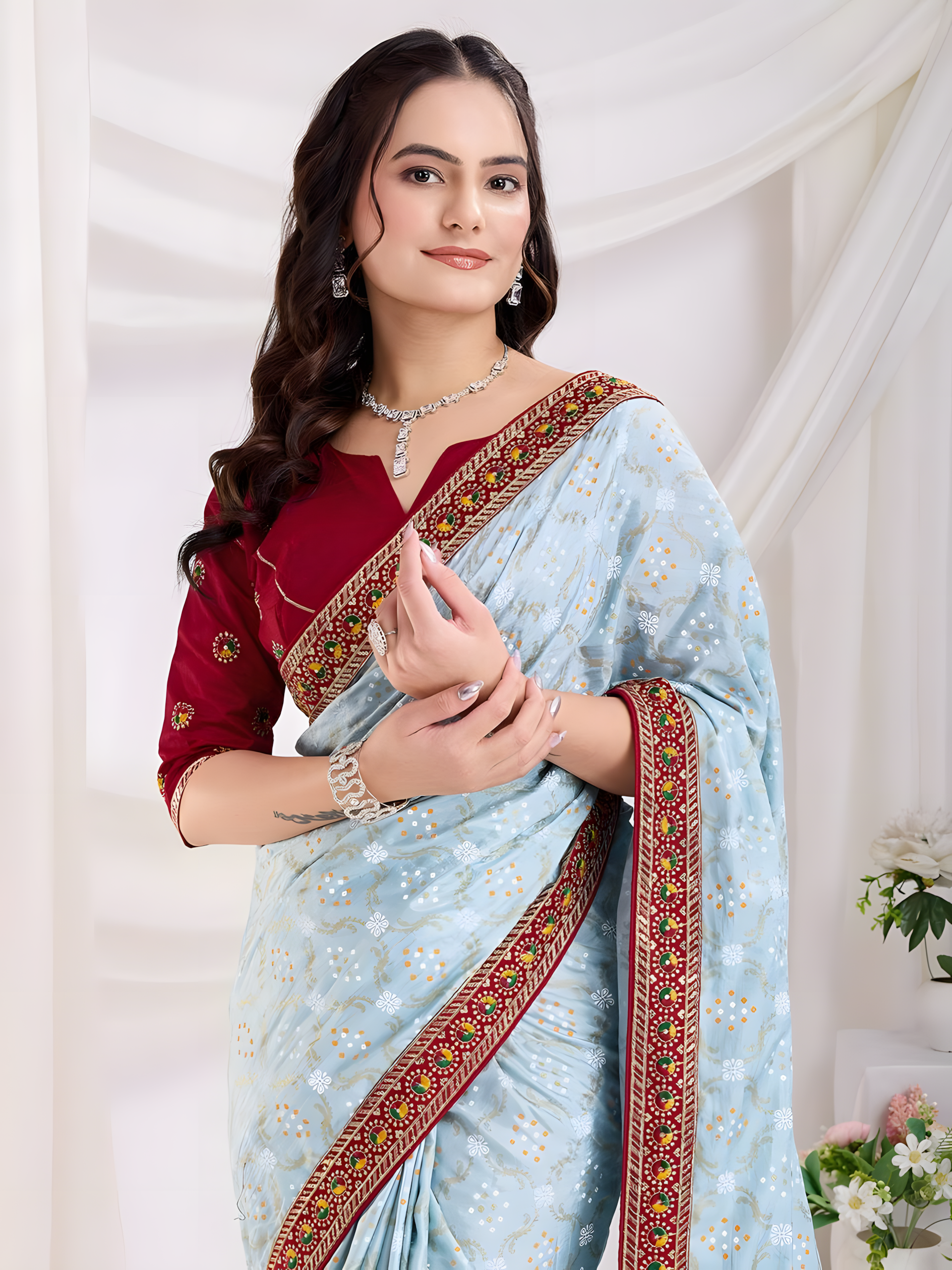 Sky Vichitra silk Saree with Golden Foil bandhani print with embroidery work lace Work