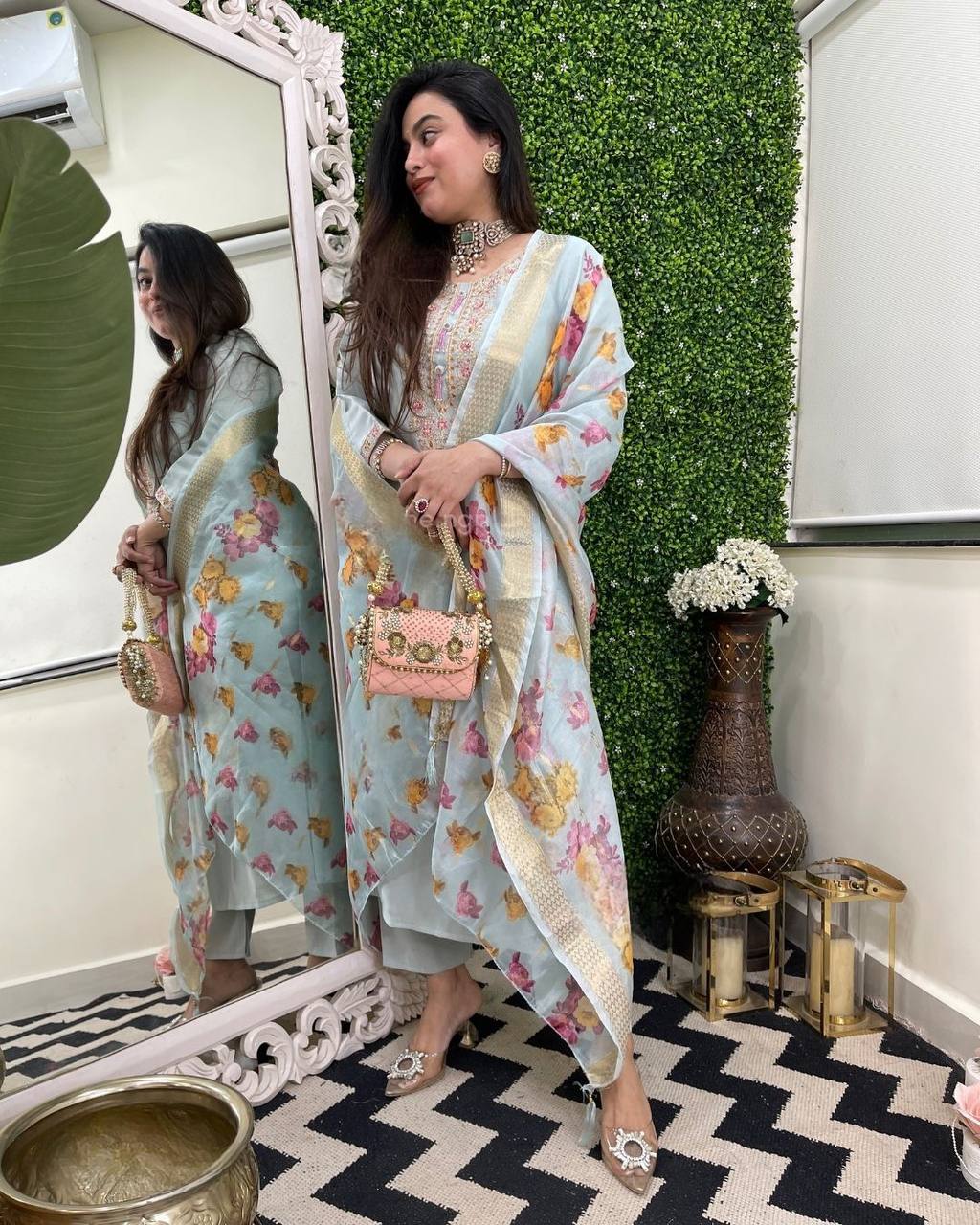 Sky Viscose Chanderi Kurta Pant Set With Heavy Thread Embroidery Work With Jacquard Butti Dupatta