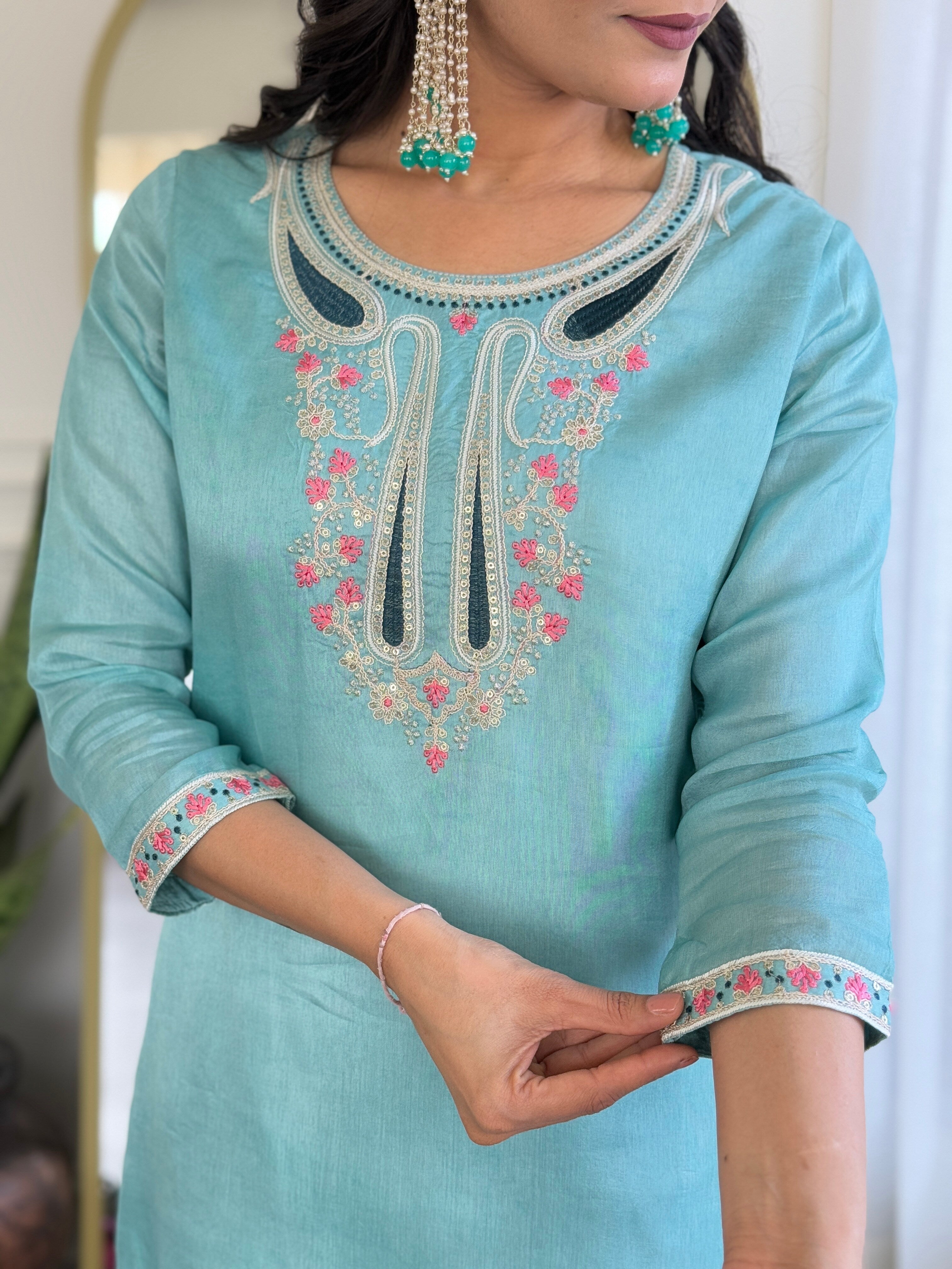 Sky Viscose Elegant Kurta Pant Set With Embroidery Work
