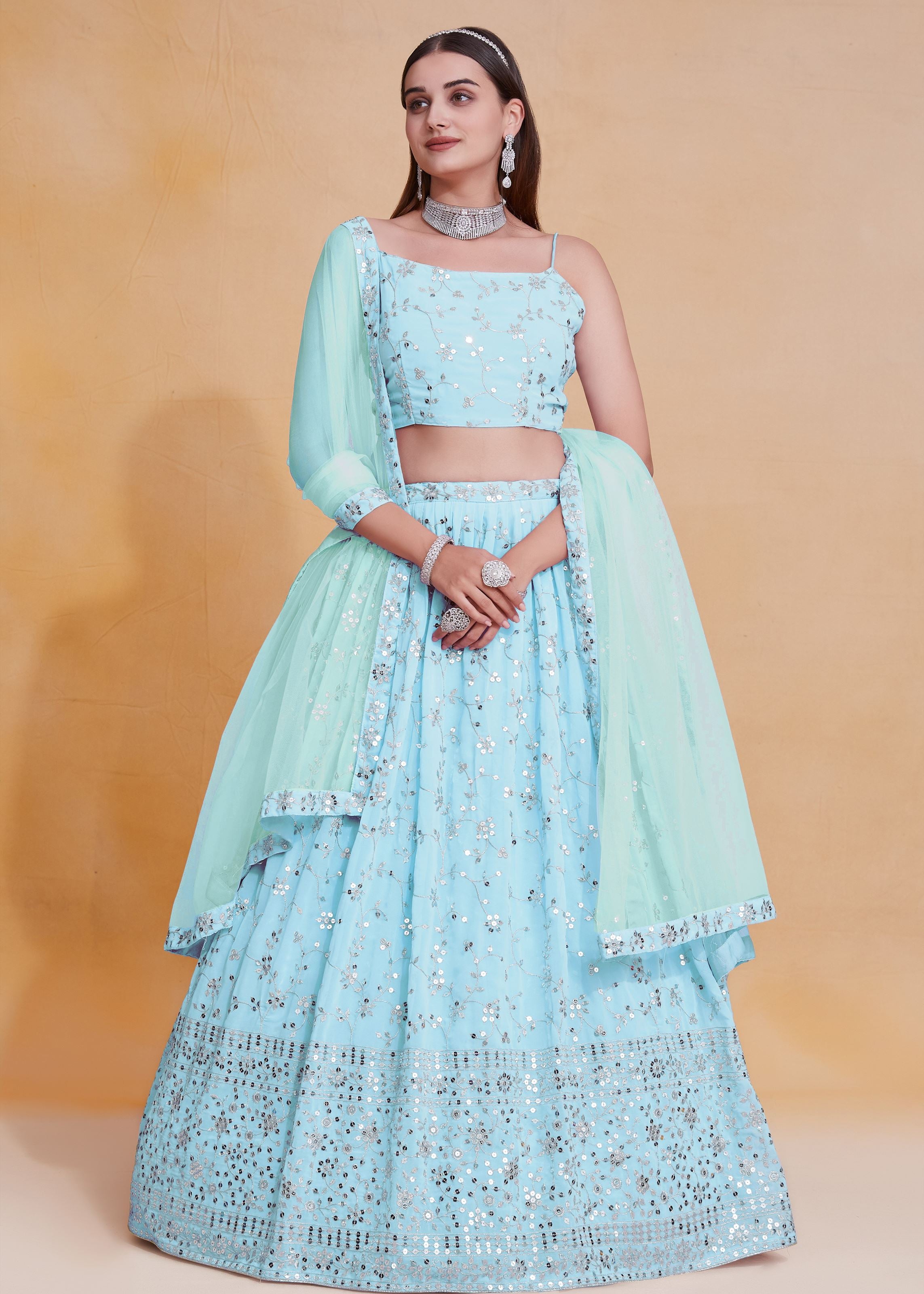 Skyblue Georgette Sequence Embroidery Work Lehenga Choli