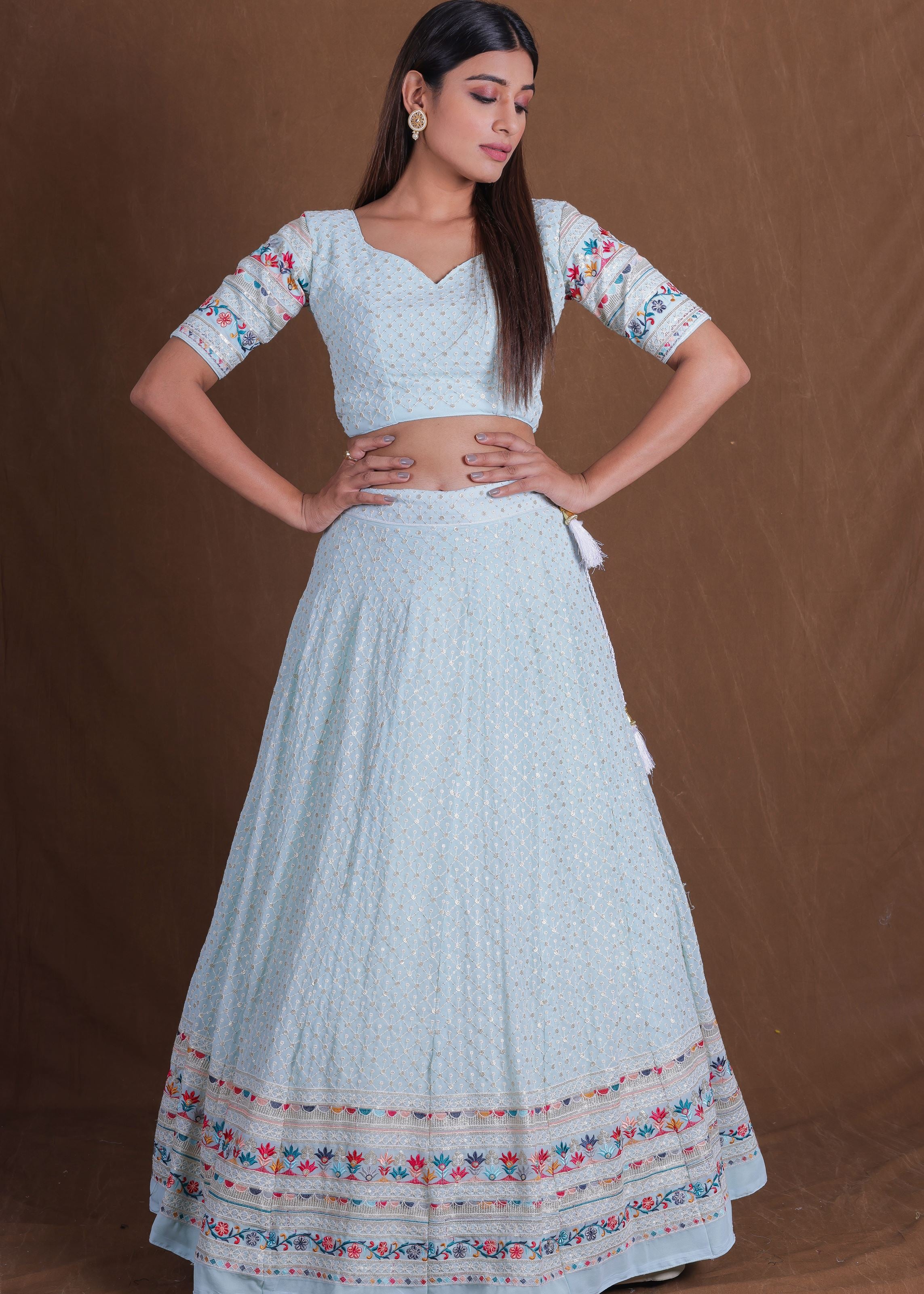 Skyblue Multi Thread Work Georgette Lehenga Choli