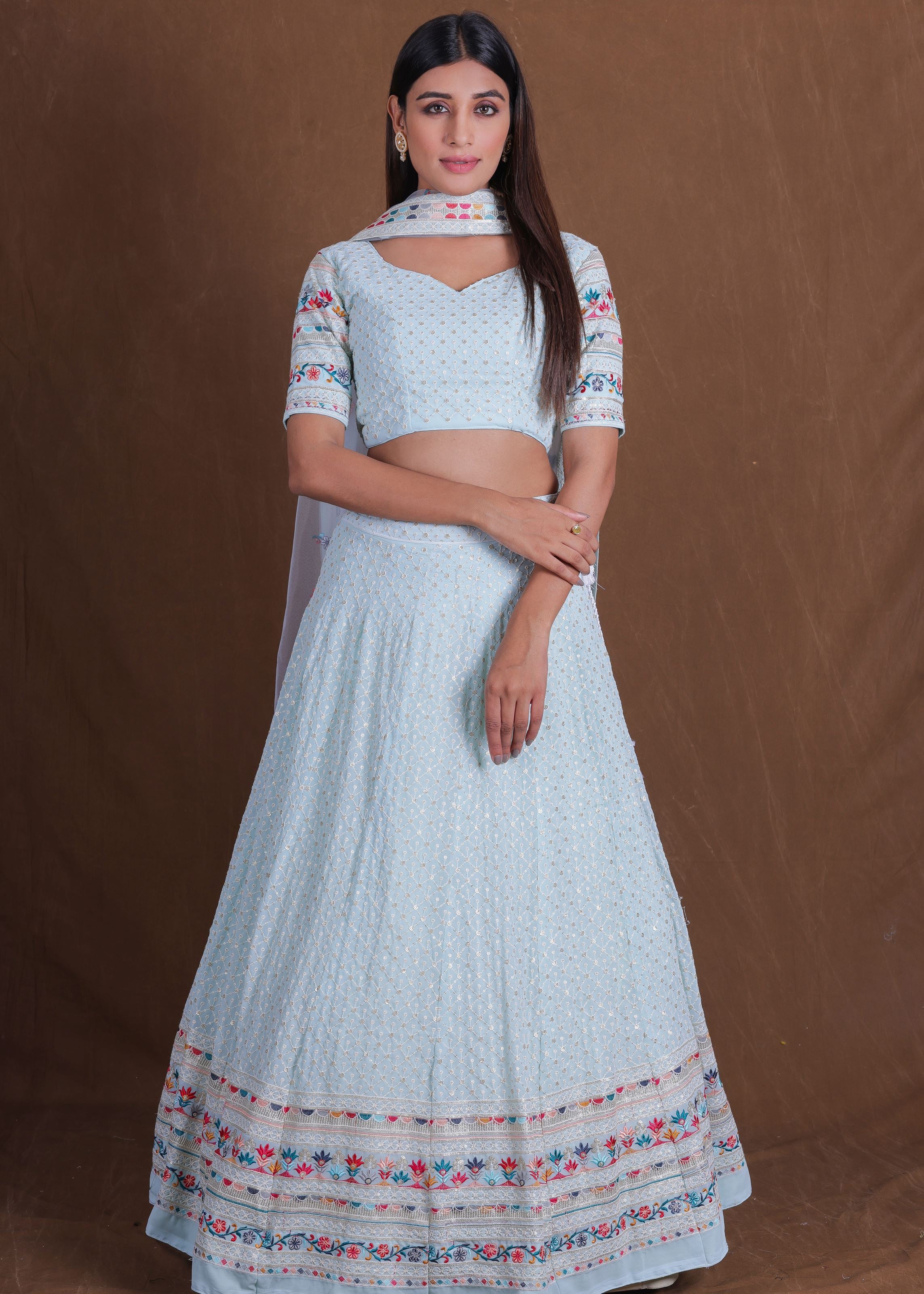 Skyblue Multi Thread Work Georgette Lehenga Choli