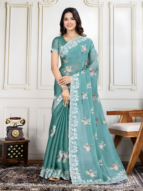 Sky blue Soft Crunchy silk Saree with Digital Print with Thread Sequins Embroidery Work