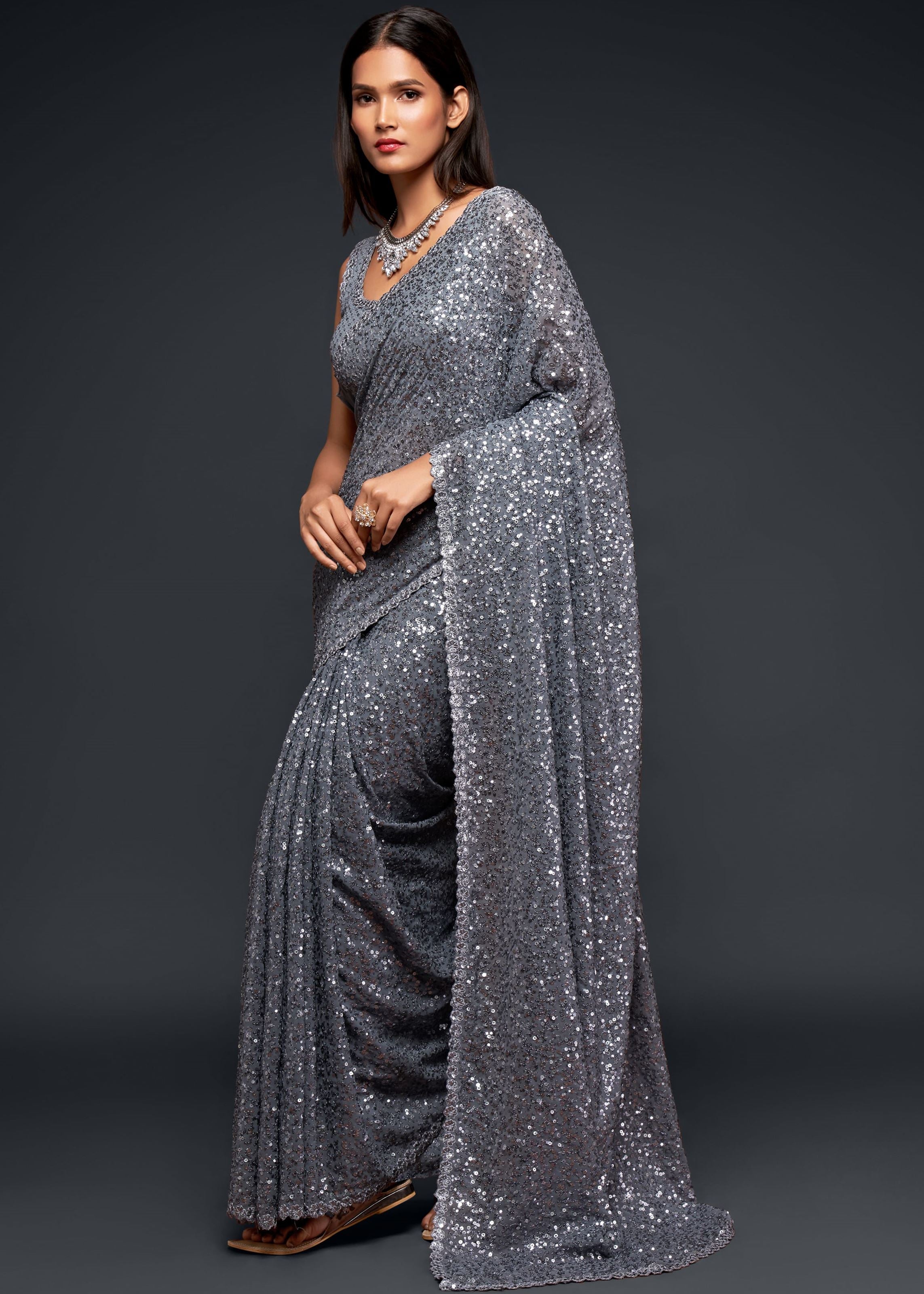 Slate Grey Georgette Saree with Thread Embroidery and Sequins Work