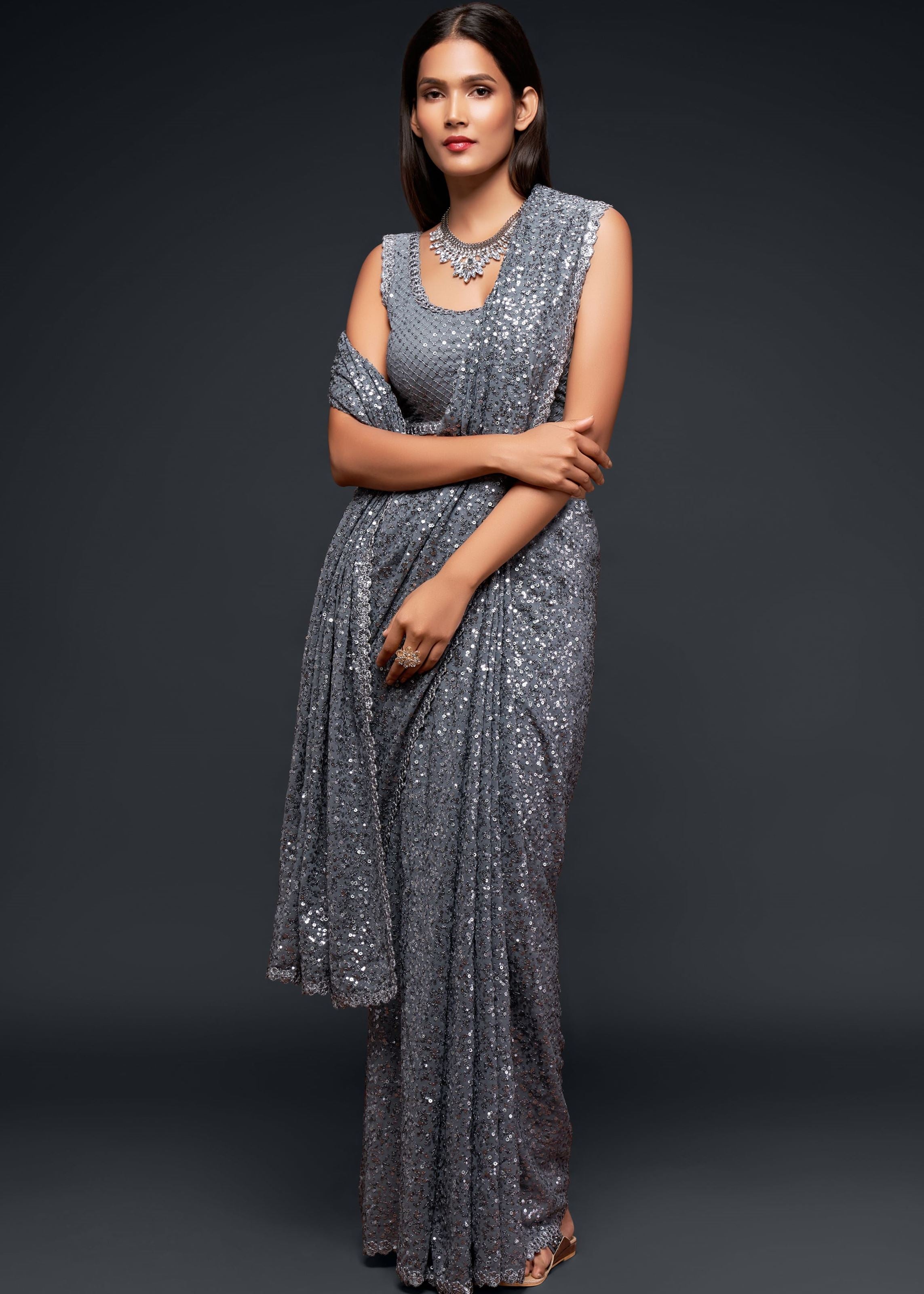 Slate Grey Georgette Saree with Thread Embroidery and Sequins Work