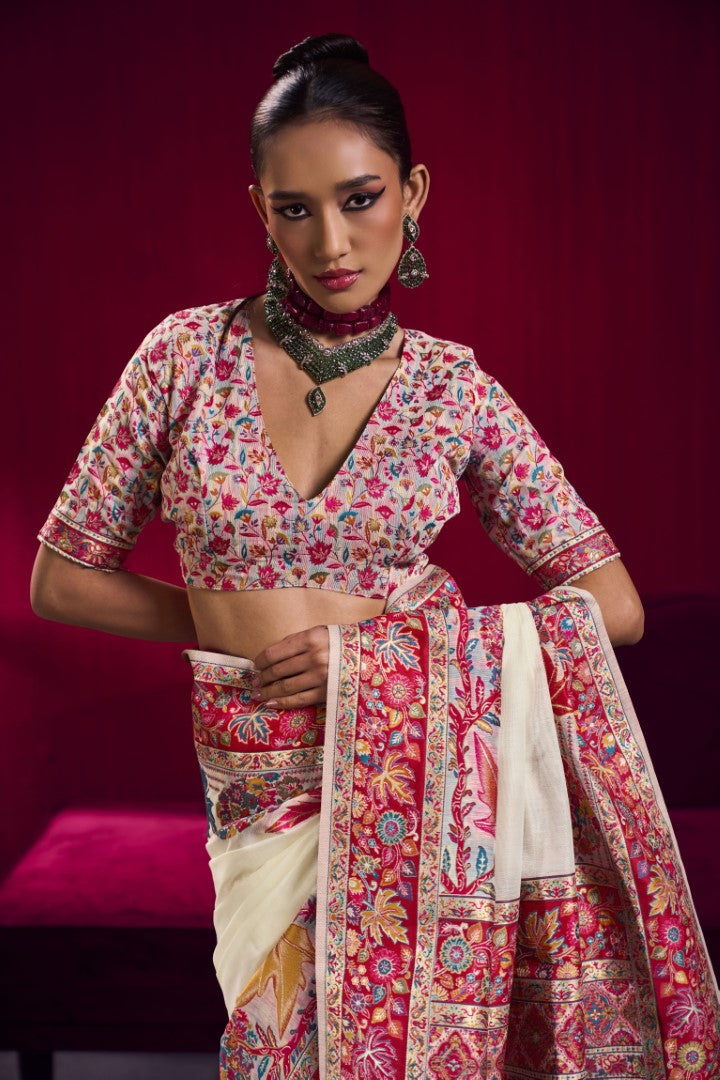 Sophisticated Off White Modal Pashmina Saree with Zari Weaving
