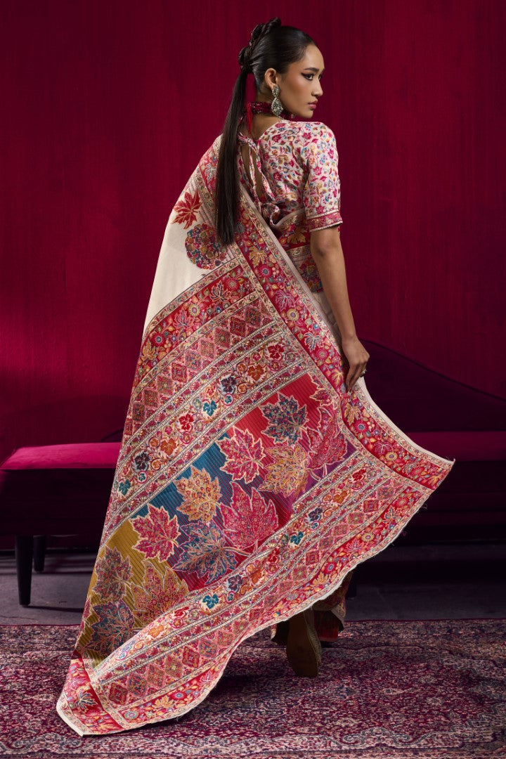Sophisticated Off White Modal Pashmina Saree with Zari Weaving