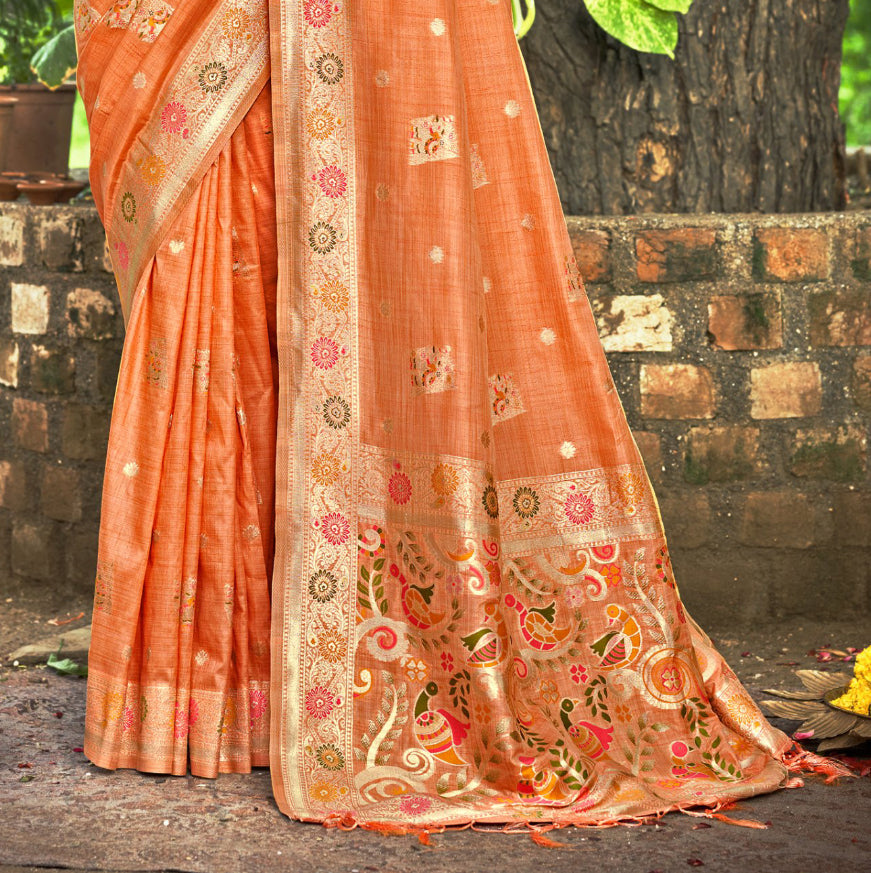Splendid Orange Assam Silk Meenakari Festival Saree