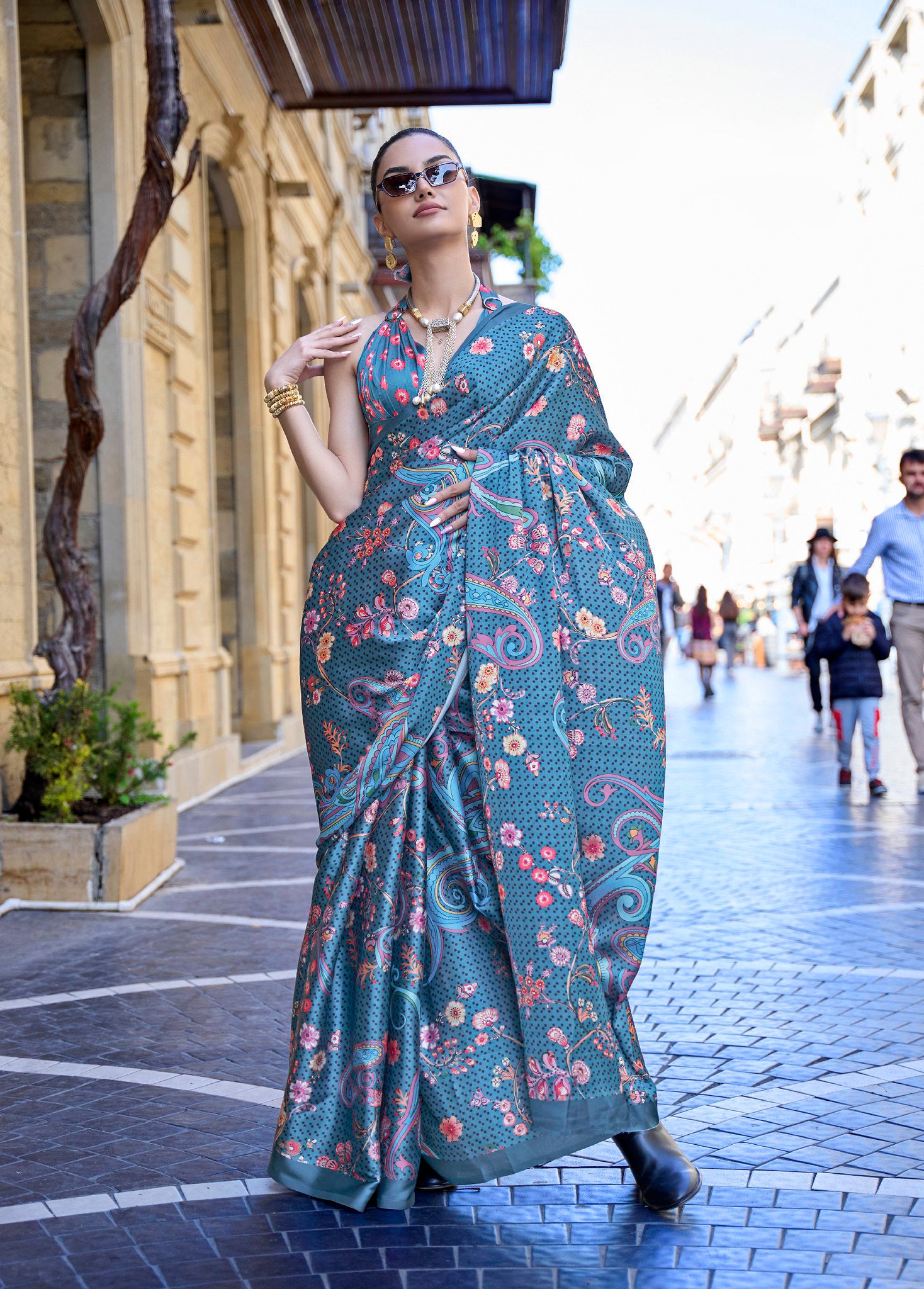SteelBlue Satin Crape Saree With Digital Print