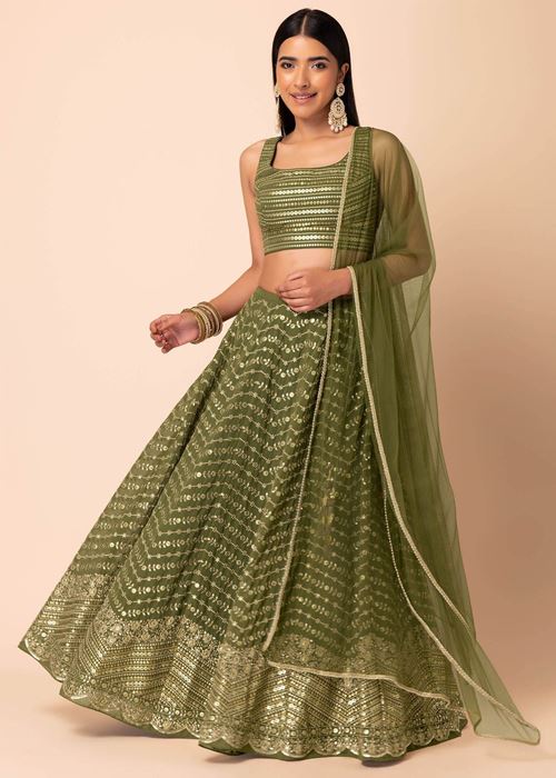Stunning Green Zari Embroidered Georgette Mehendi Wear Lehenga Choli